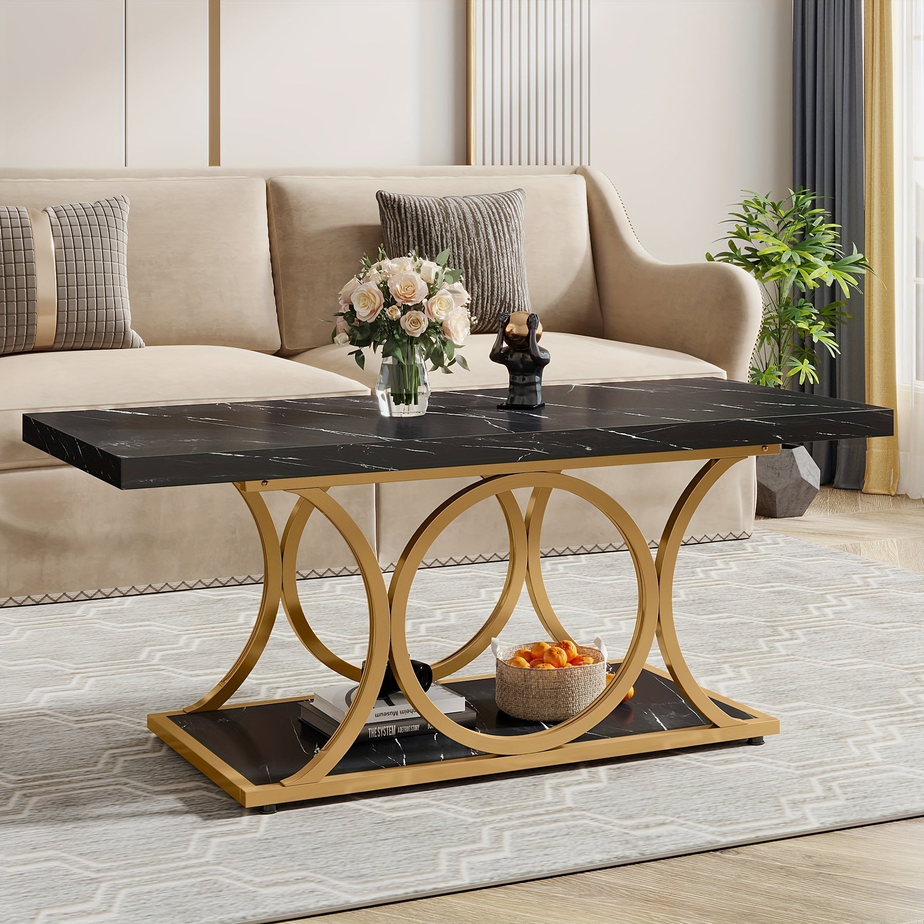 120cm Rectangle Coffee Table, 2-Tier Modern Faux Marble Wood Table With Geometric Metal Legs, Living Room Furniture With Storage Shelf