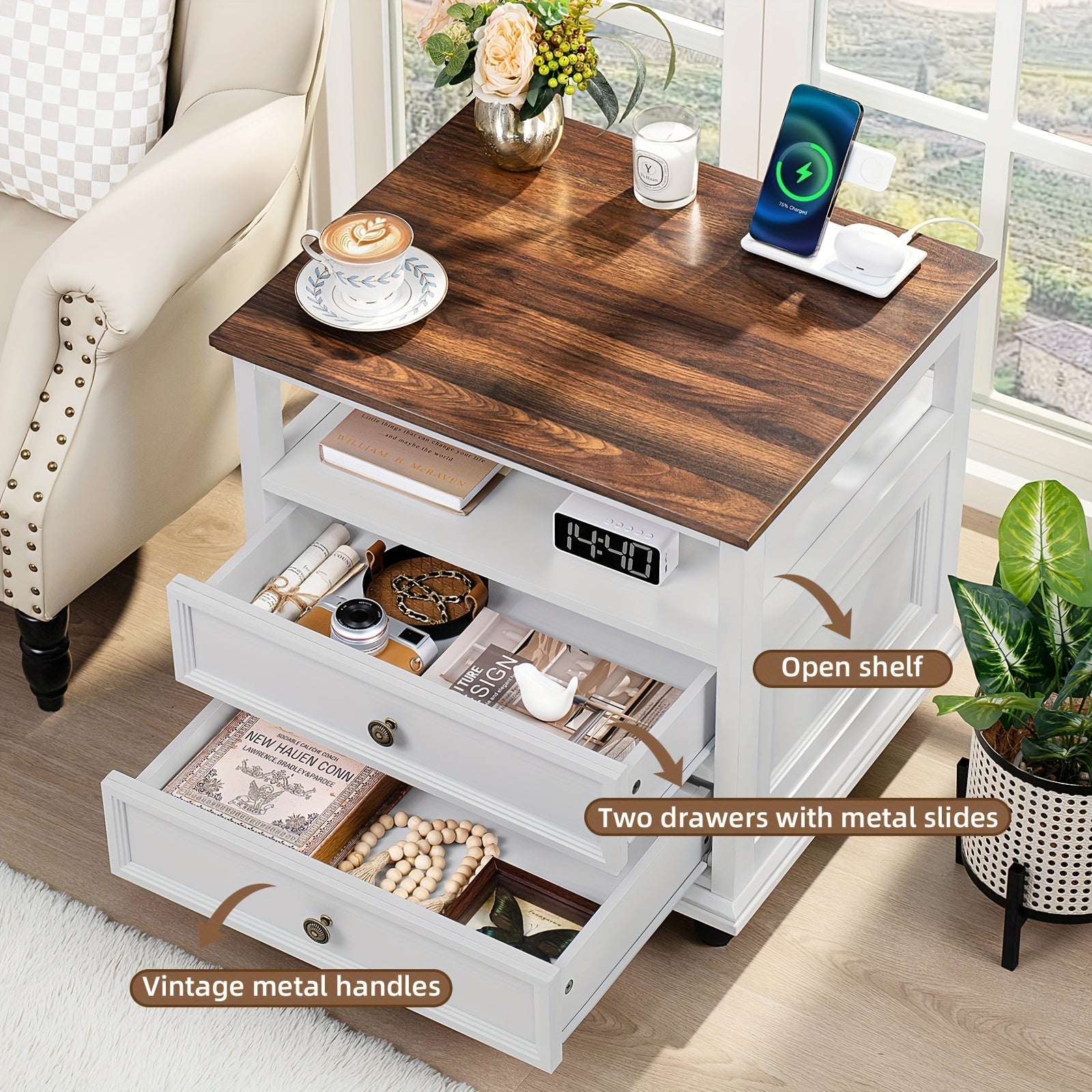 Farmhouse Nightstand With Charging Station, 60cm Wide End Table With 2 Drawers, White Dresser For Bedroom, Bed Side Table Chest Of Drawers Cabinet, Wood Night Stand For Living Room, Closet