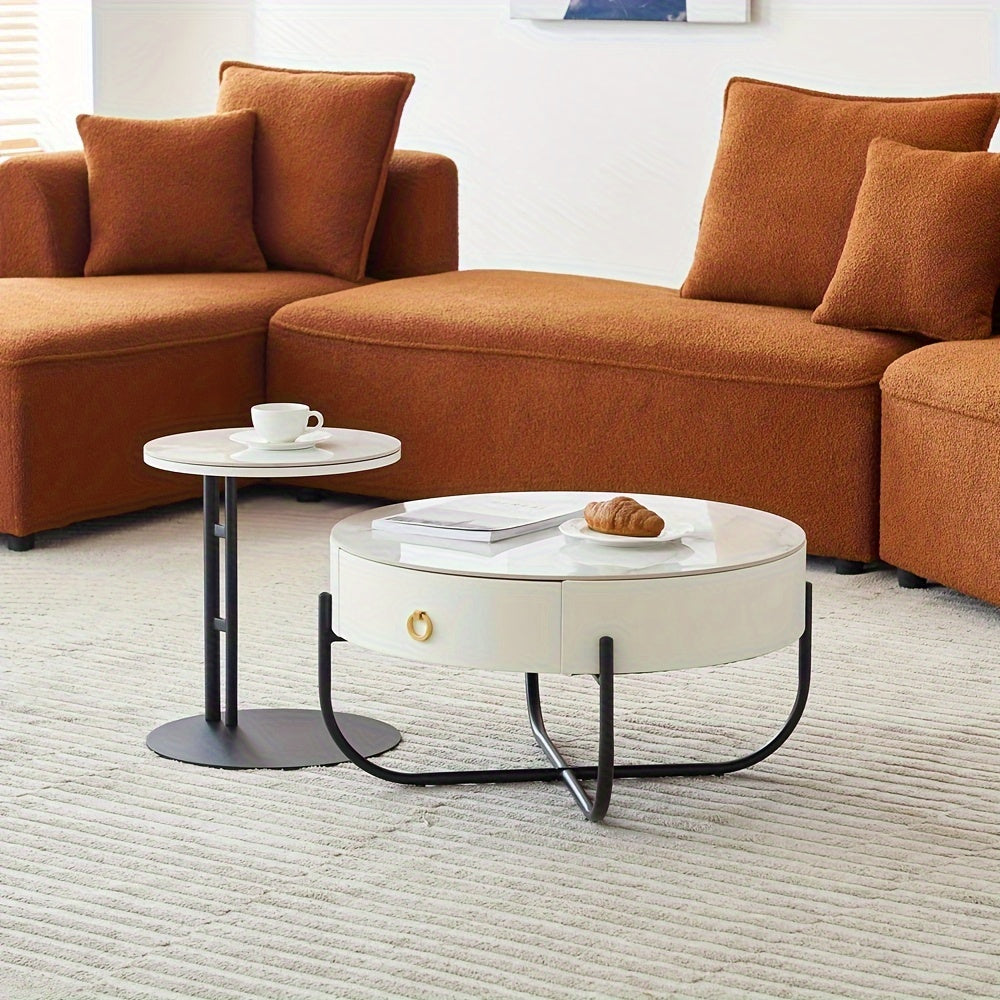 71cm Nesting Coffee Table Set of 2, Round Sintered Stone Coffee Tables with Drawer and Metal Frame, Leather Wrap Center Table for Living Room, Office