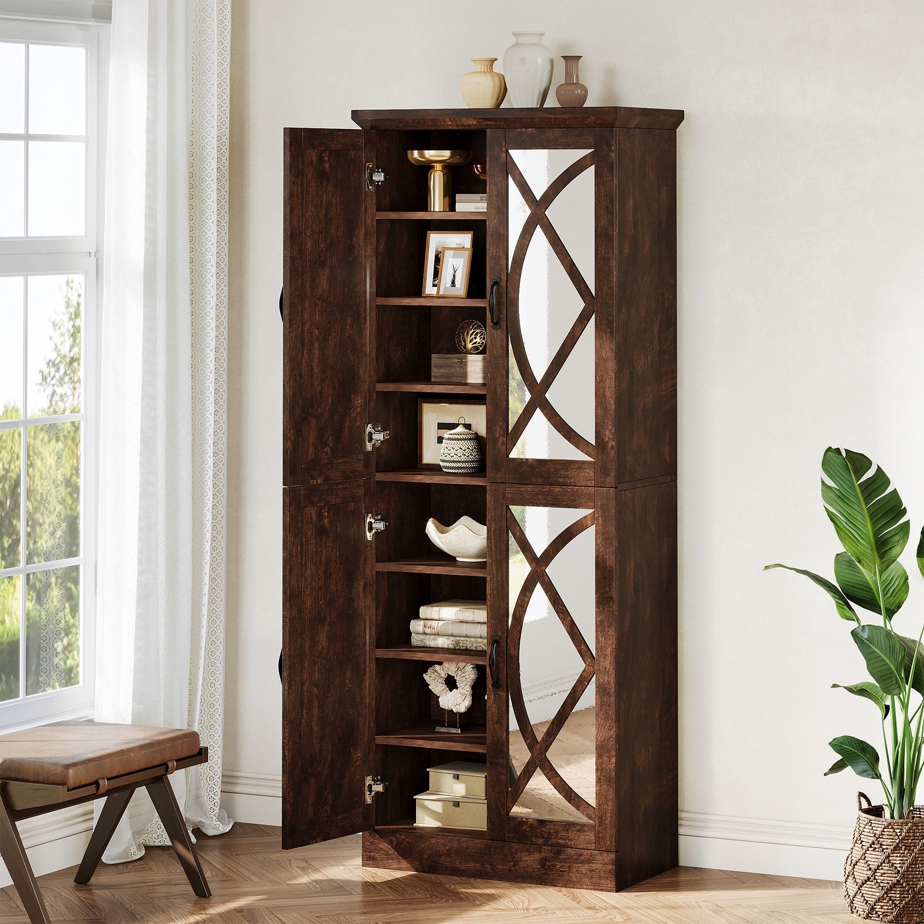 173 cm Bookcase, Storage Cabinet Pantry Cabinet with 4 Mirrored Doors