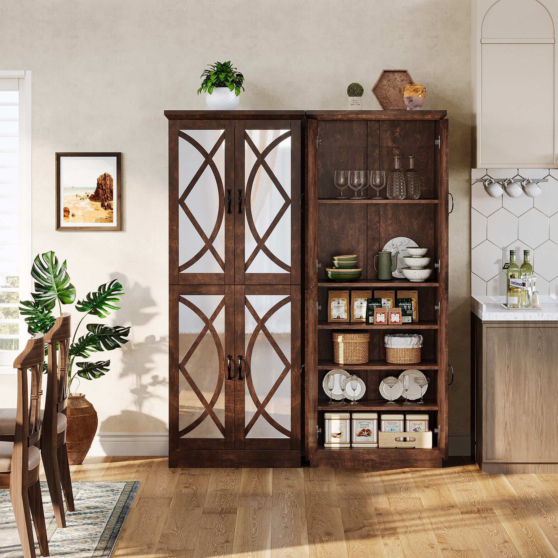 173 cm Bookcase, Storage Cabinet Pantry Cabinet with 4 Mirrored Doors