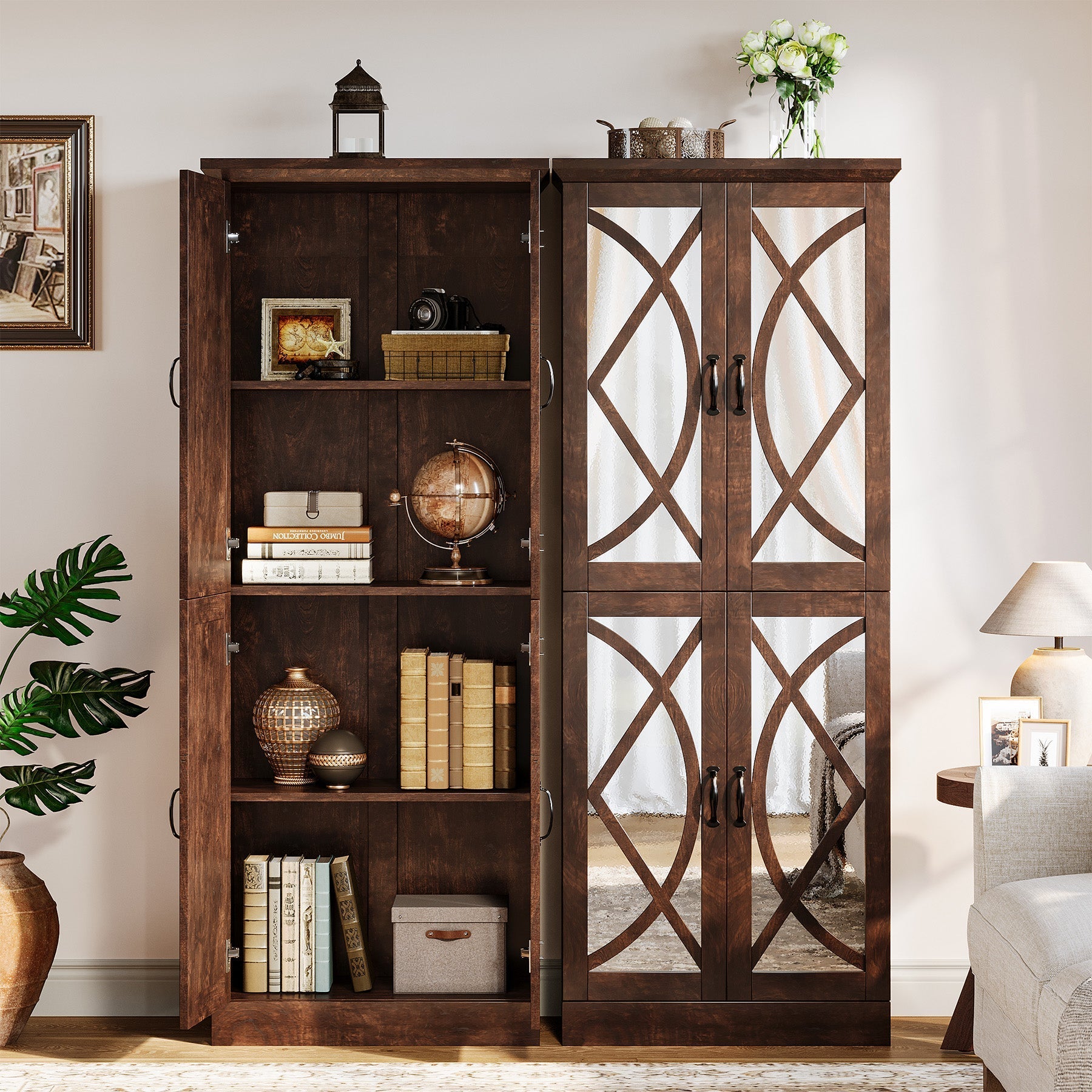 173 cm Bookcase, Storage Cabinet Pantry Cabinet with 4 Mirrored Doors