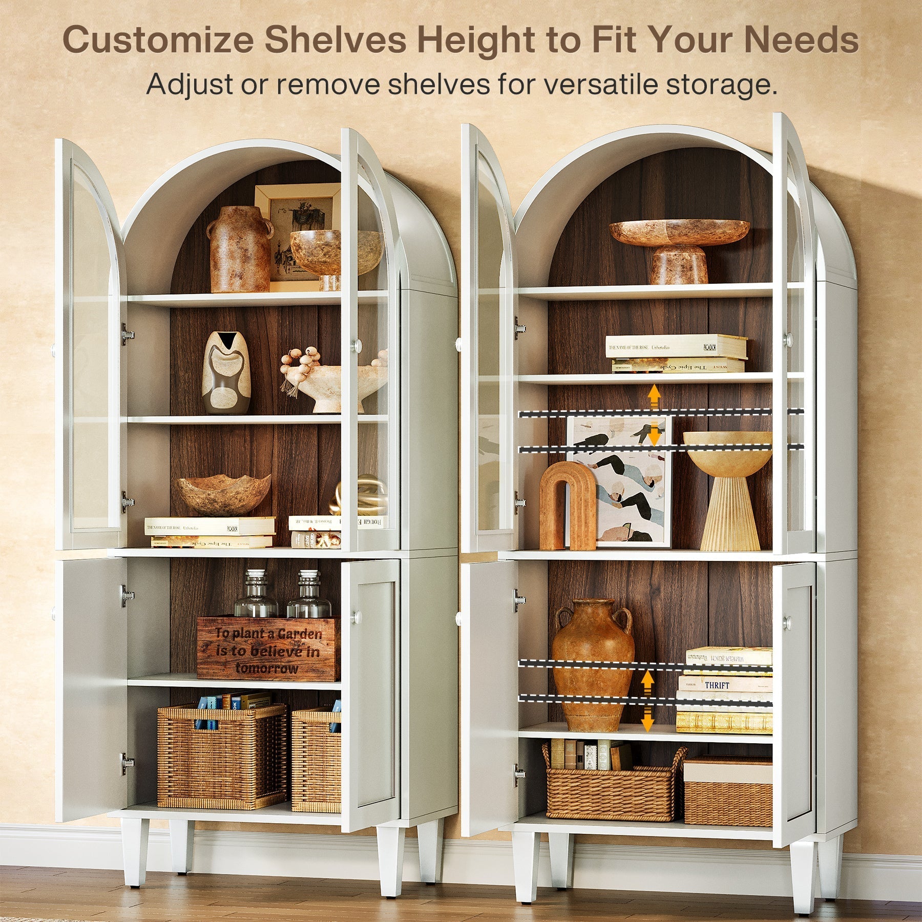 172 cm Bookshelf, 5-Tier Arched Storage Cabinet Display Bookcase