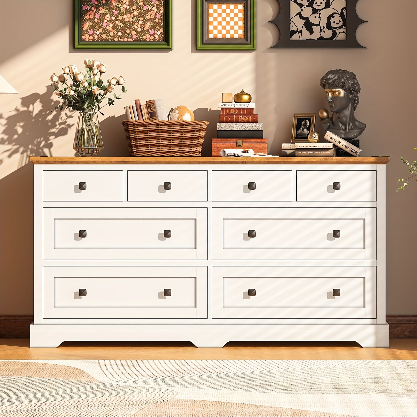 Dresser for Bedroom, 138cm Farmerhouse Double Dresser TV Stand, 8 Drawers Dresser with Square Handle, Chest Of Drawers Large Storage Capacity for Living Room, Entryway, Antique White