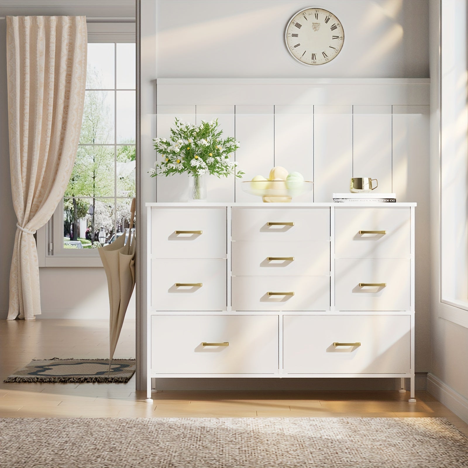 5/8/9 Drawers Dresser For Bedroom, White Dresser With Fabric Drawers, Chest Of Drawers With PU Finish, Metal Handle, Storage Organizer Unit For Closet, Living Room, Tv Stand Up To 43'', White