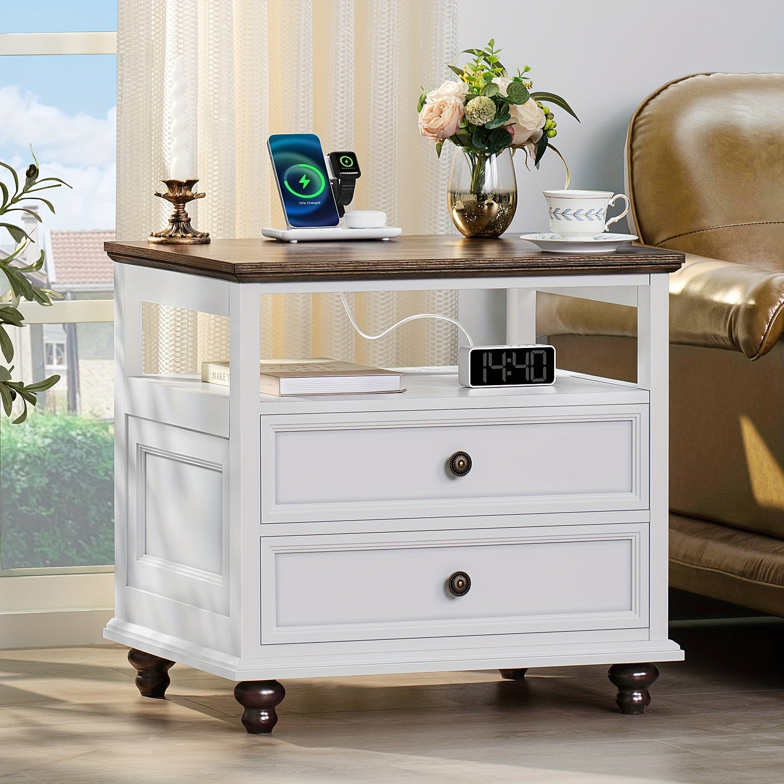 Farmhouse Nightstand With Charging Station, 23.6" Wide End Table With 2 Drawers, White Dresser For Bedroom, Bed Side Table Chest Of Drawers Cabinet, Wood Night Stand For Living Room, Closet