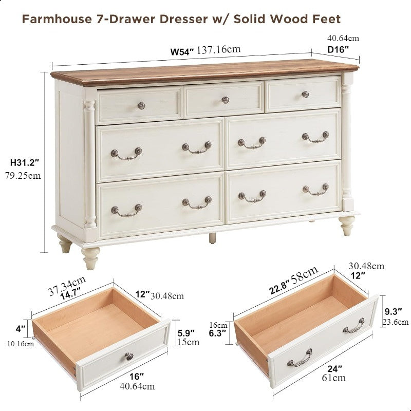 Farmhouse 7-Drawer Dresser Chests for Bedroom with 4 Solid Wood Feet & Column Decoration, Tall and Wide Wood Country Rustic Chest of Drawers, Storage Dressers for Bedroom and Living Room.