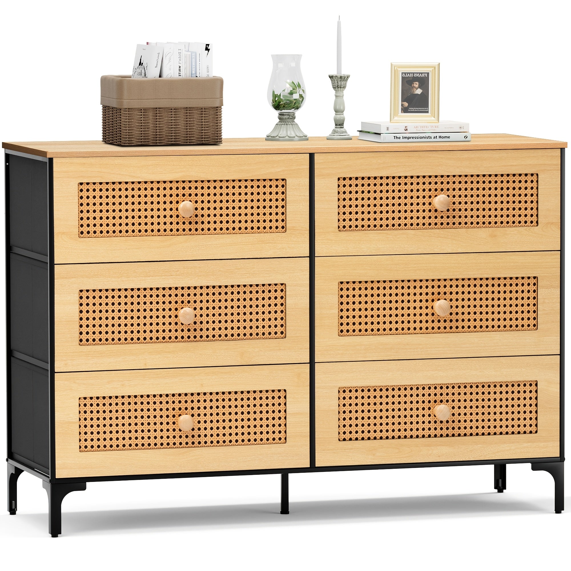 Rattan Dresser with 6 Drawers for Bedroom, Boho Dresser with Metal Frame And Wood Tabletop, Chest Storage Tower, for Nursery, Living Room, Entryway