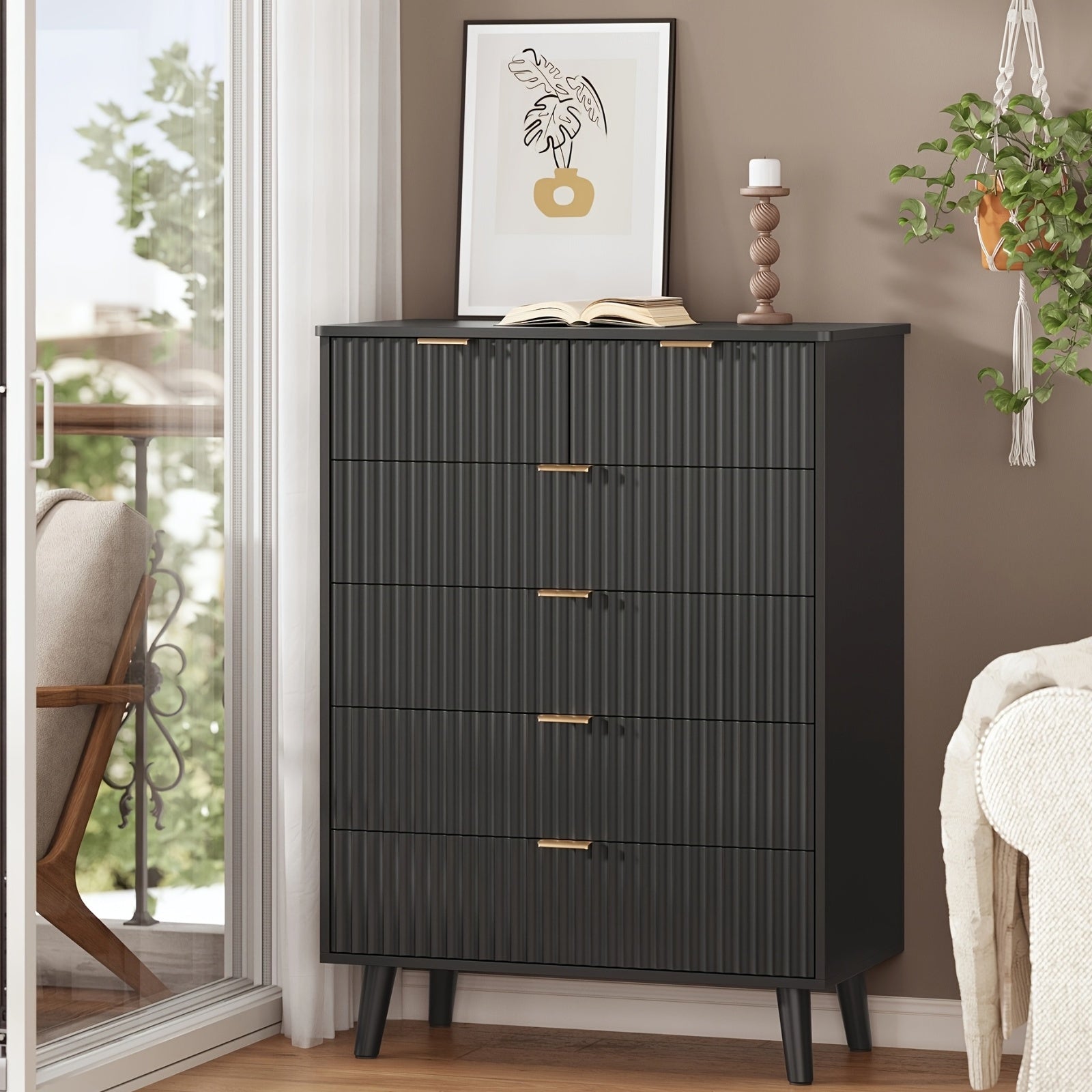 Dresser For Bedroom, Fluted Design Dresser With 6 Drawers, Modern Tall Chest Of Drawers With Metal Handles, Organizer Storage Cabinet For Living Room, Hallway, Vanity Dressing Table