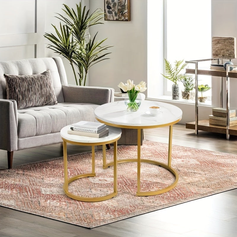 Coffee Tables for Living Room - Small Round Set of 2, Center Table with Solid Wood Grain Table Top and Sturdy Metal Frame, Nesting Tables for Small Spaces, Easy to Assemble