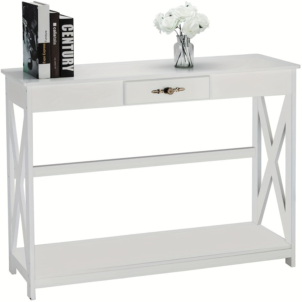 White Entryway Table Sofa Table with Drawer and Shelf Slim Console Table with Storage for Hallway, Living Room, Foyer (in cm)