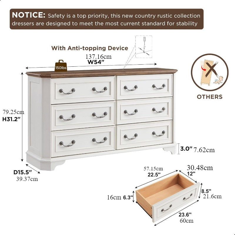 Charming Rustic Farmhouse 6-Drawer Dresser - 54" Wide, Antique White with Natural Wood Grain Finish, Beveled Edges for Safety & Style, Spacious Storage Organizer for Bedroom and Living Room