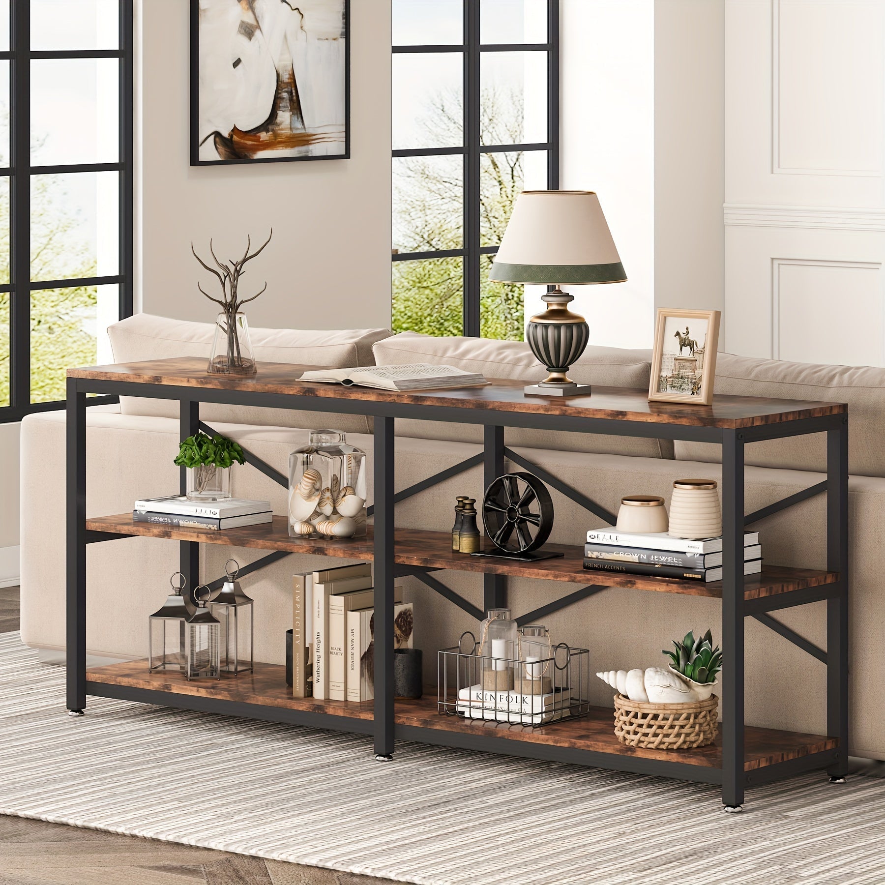 Industrial 180 cm Sofa Table With Storage Shelves: This Modern Console Table Features A Three-tier Design For Storage And Display, Perfect As A Behind-Couch Table, Entryway Table, Or Three-Shelf Bookshelf In Your Living Room