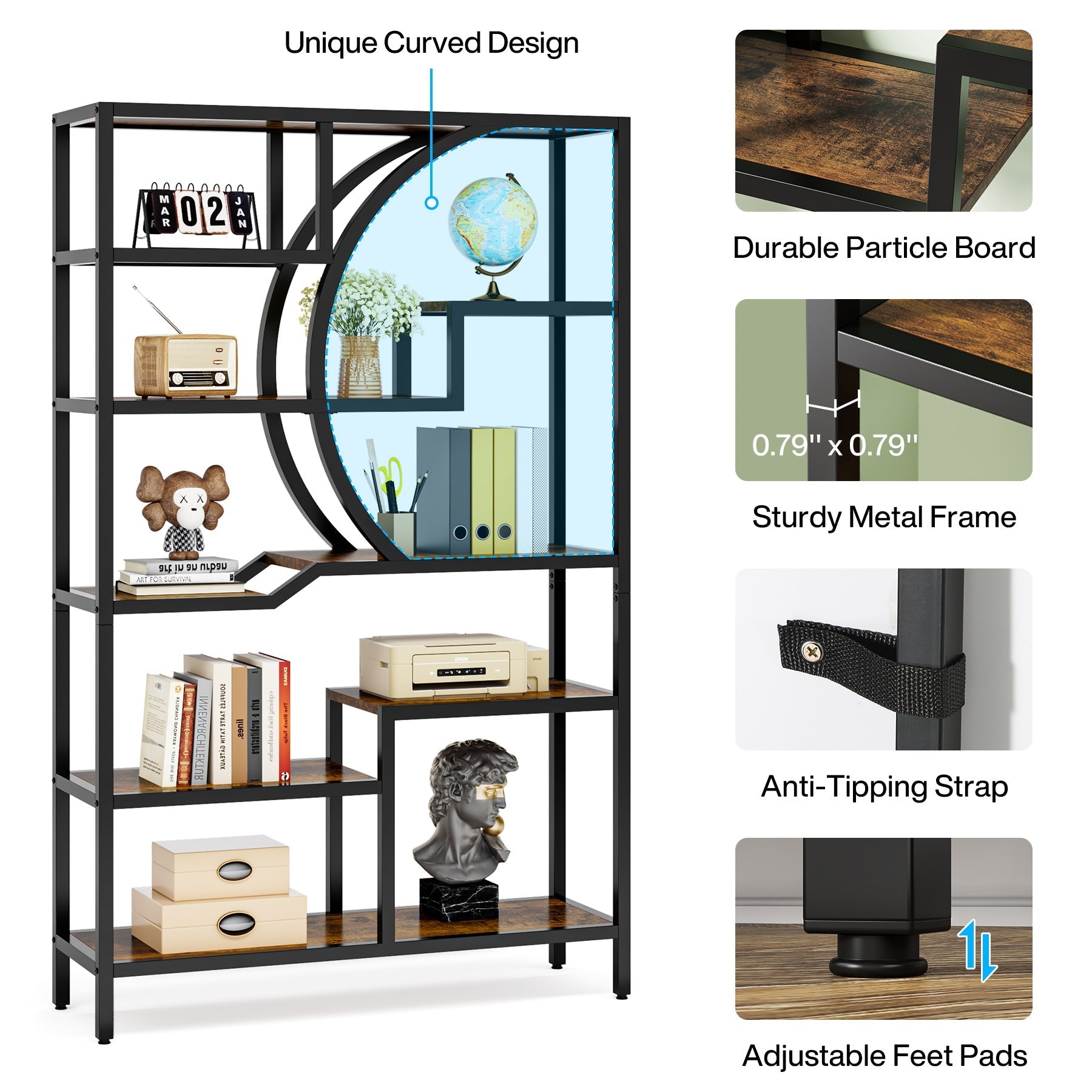 175 cm Tall Bookshelf, Freestanding Etagere Bookcase Open Display Shelf