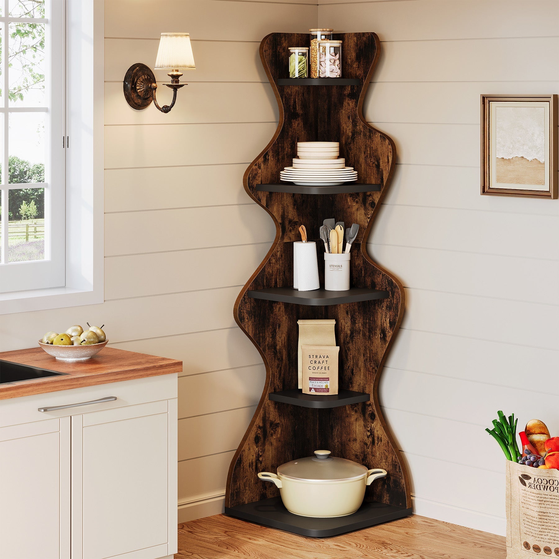 175 cm Wood Bookshelf, 5-Tier Corner Shelf Storage Plant Stand