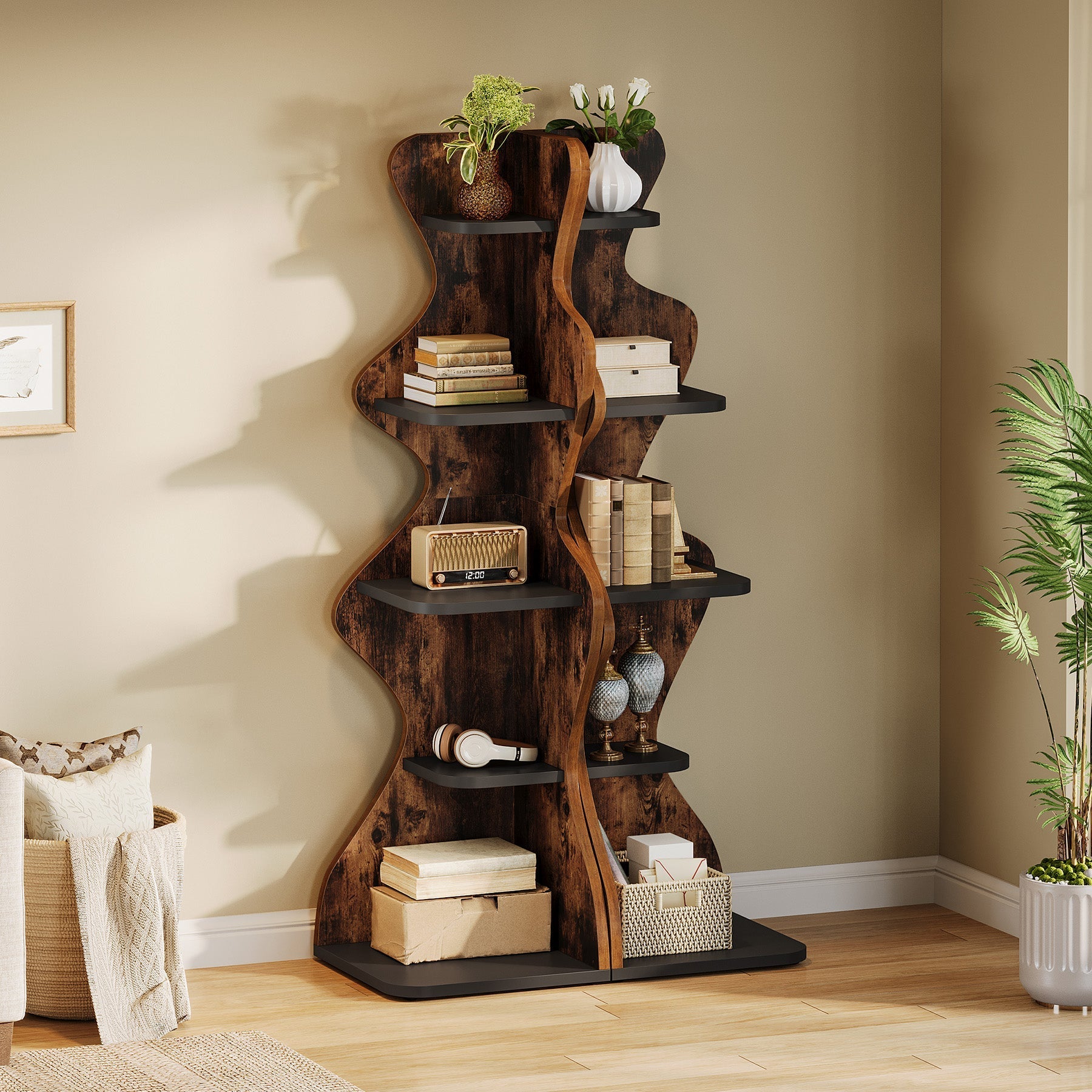 175 cm Wood Bookshelf, 5-Tier Corner Shelf Storage Plant Stand