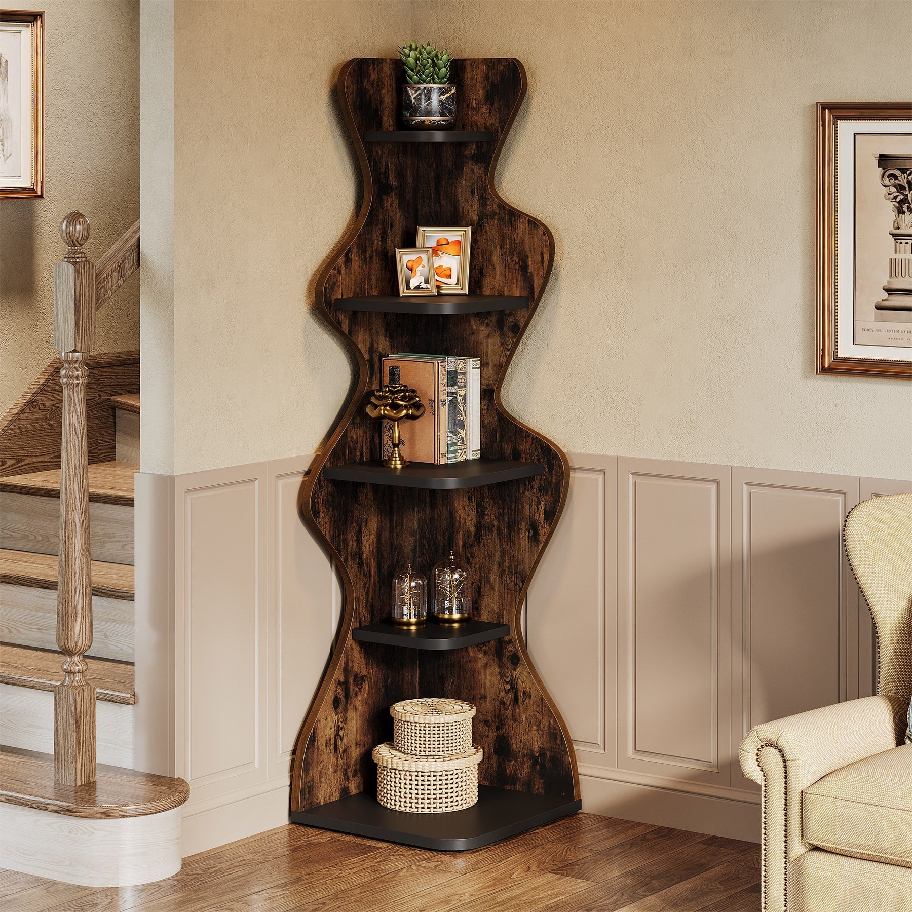 175 cm Wood Bookshelf, 5-Tier Corner Shelf Storage Plant Stand