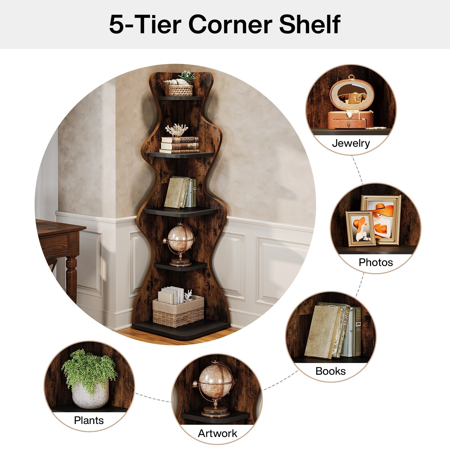 175 cm Wood Bookshelf, 5-Tier Corner Shelf Storage Plant Stand