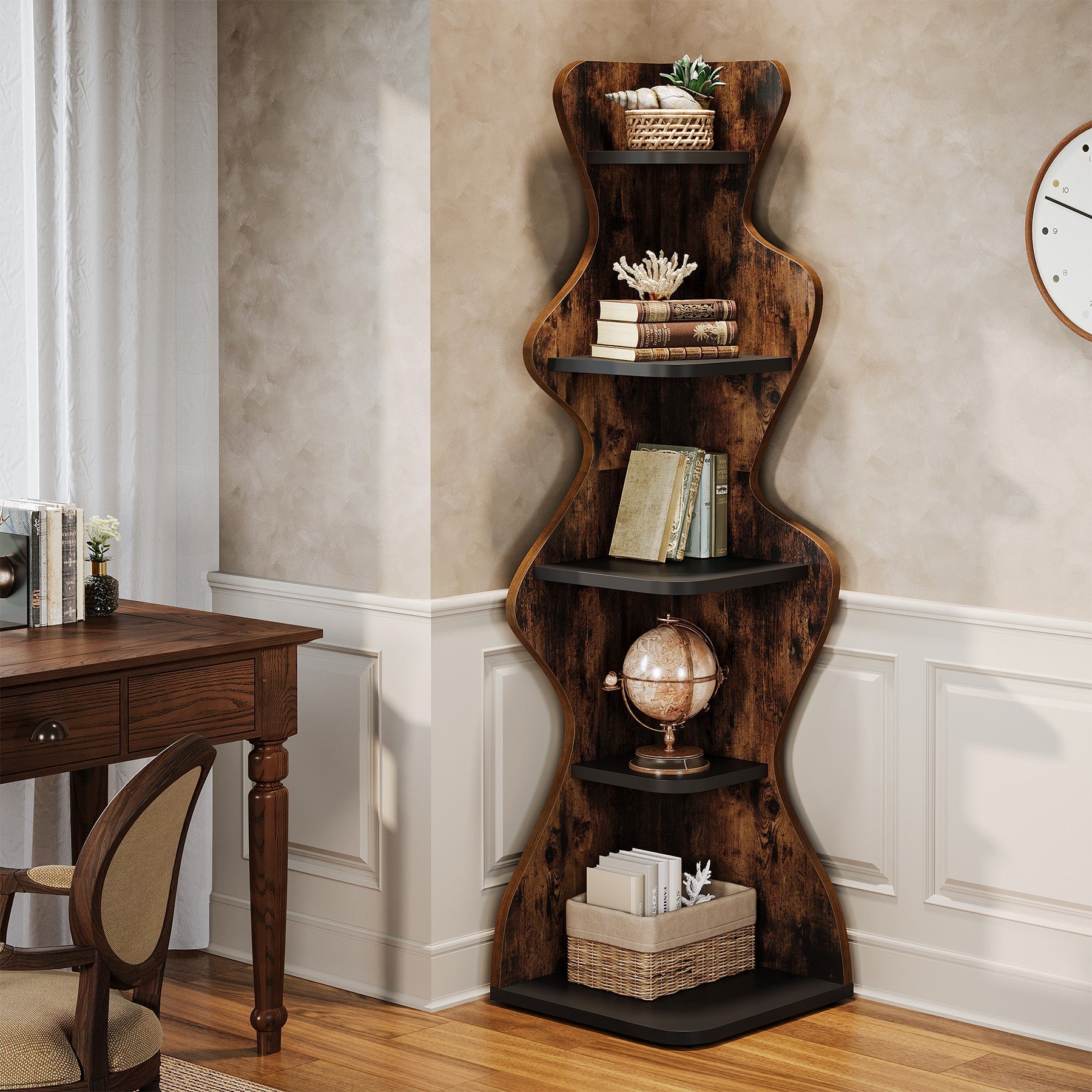 175 cm Wood Bookshelf, 5-Tier Corner Shelf Storage Plant Stand