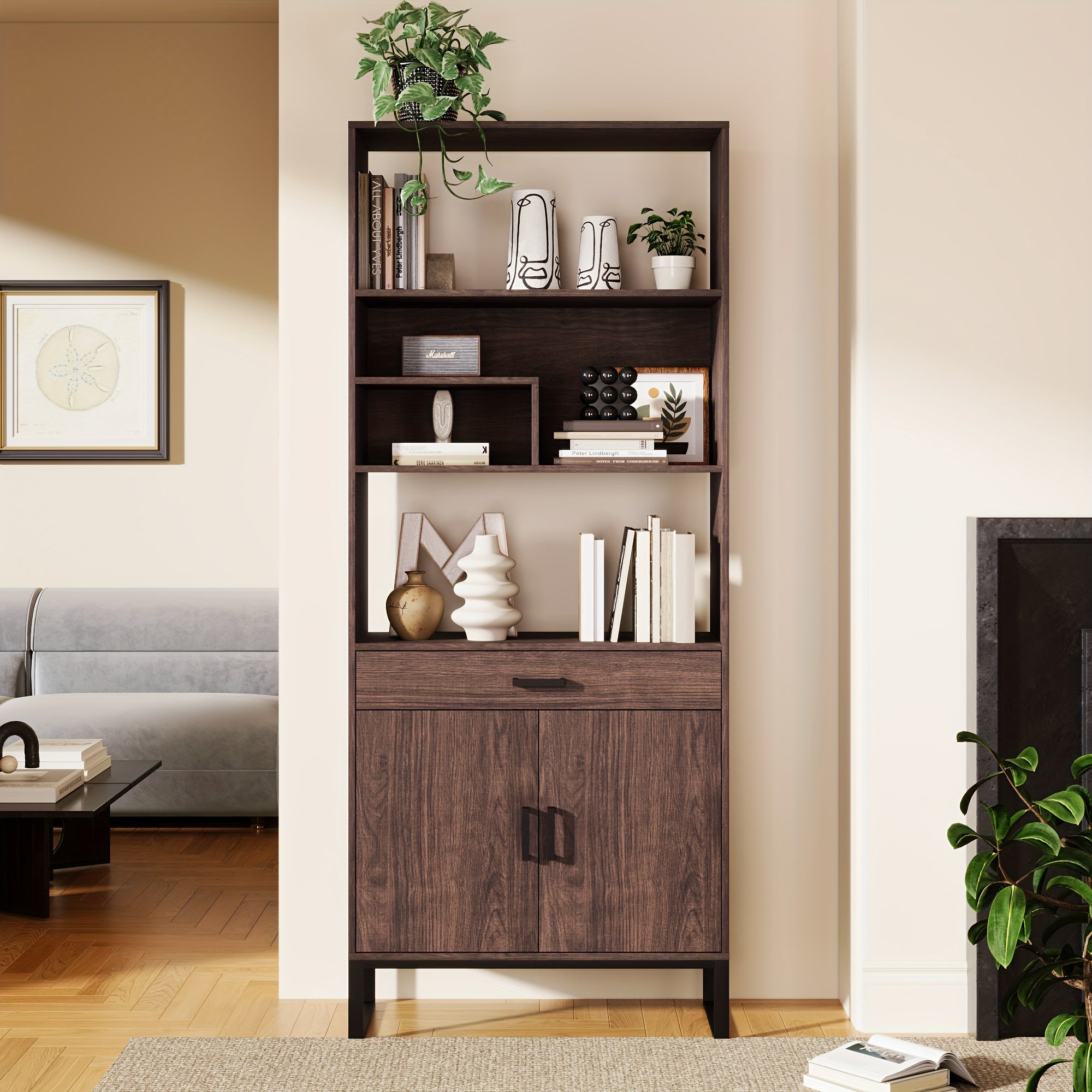 202cm Modern Open Bookshelf with Doors, Bookcase with Storage Drawer, Free Standing Display Rack, Walnut