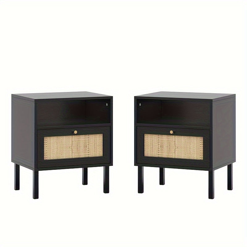 Wicker Rattan Nightstand Set 2, Bedside Table With Open Shelf And Door, Boho End Table (Set Of 2)