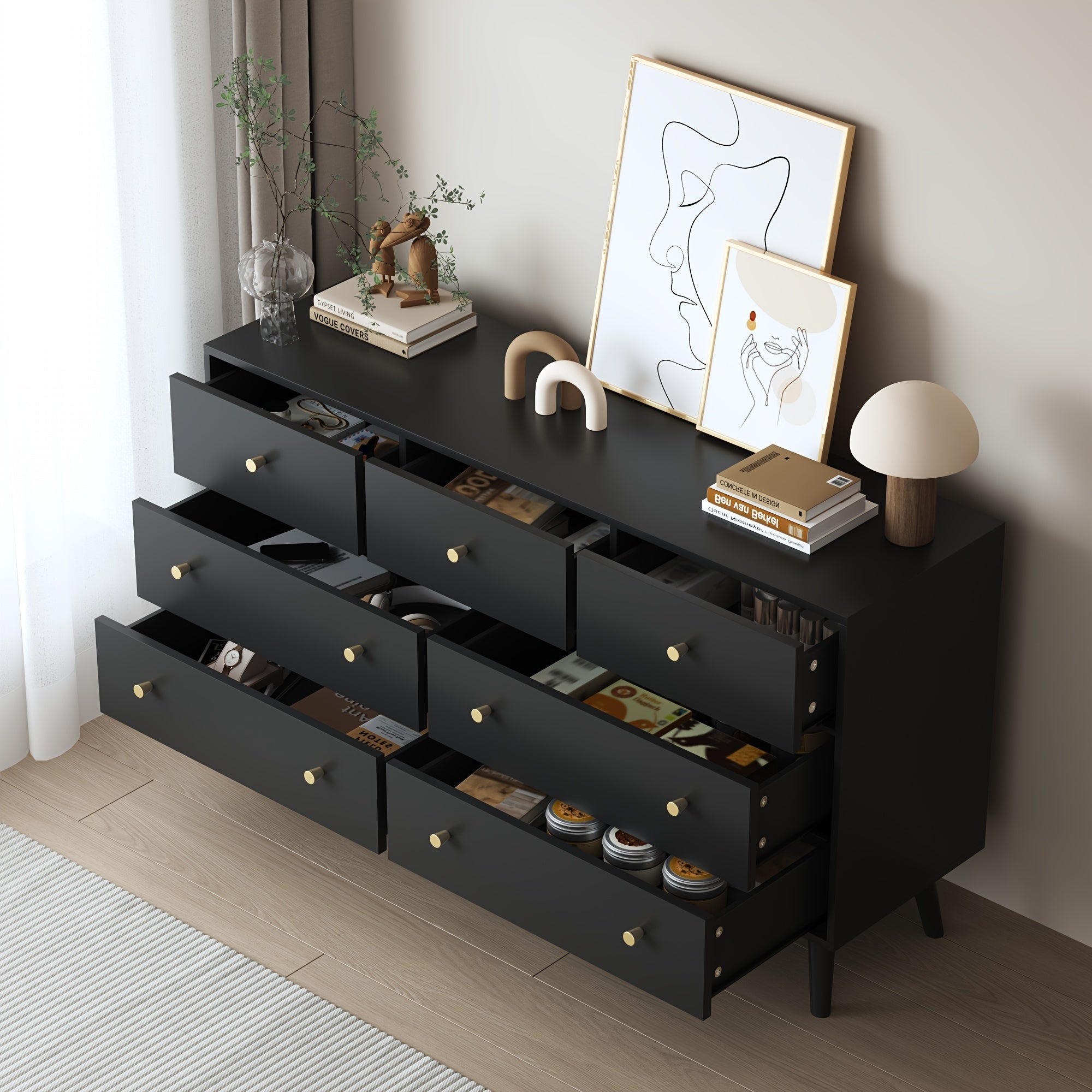 Dresser With 7 Drawers, Dresser For Bedroom, Modern Double Dresser With Wide Drawer And Metal Handles, Wood Dressers & Chests Of Drawers