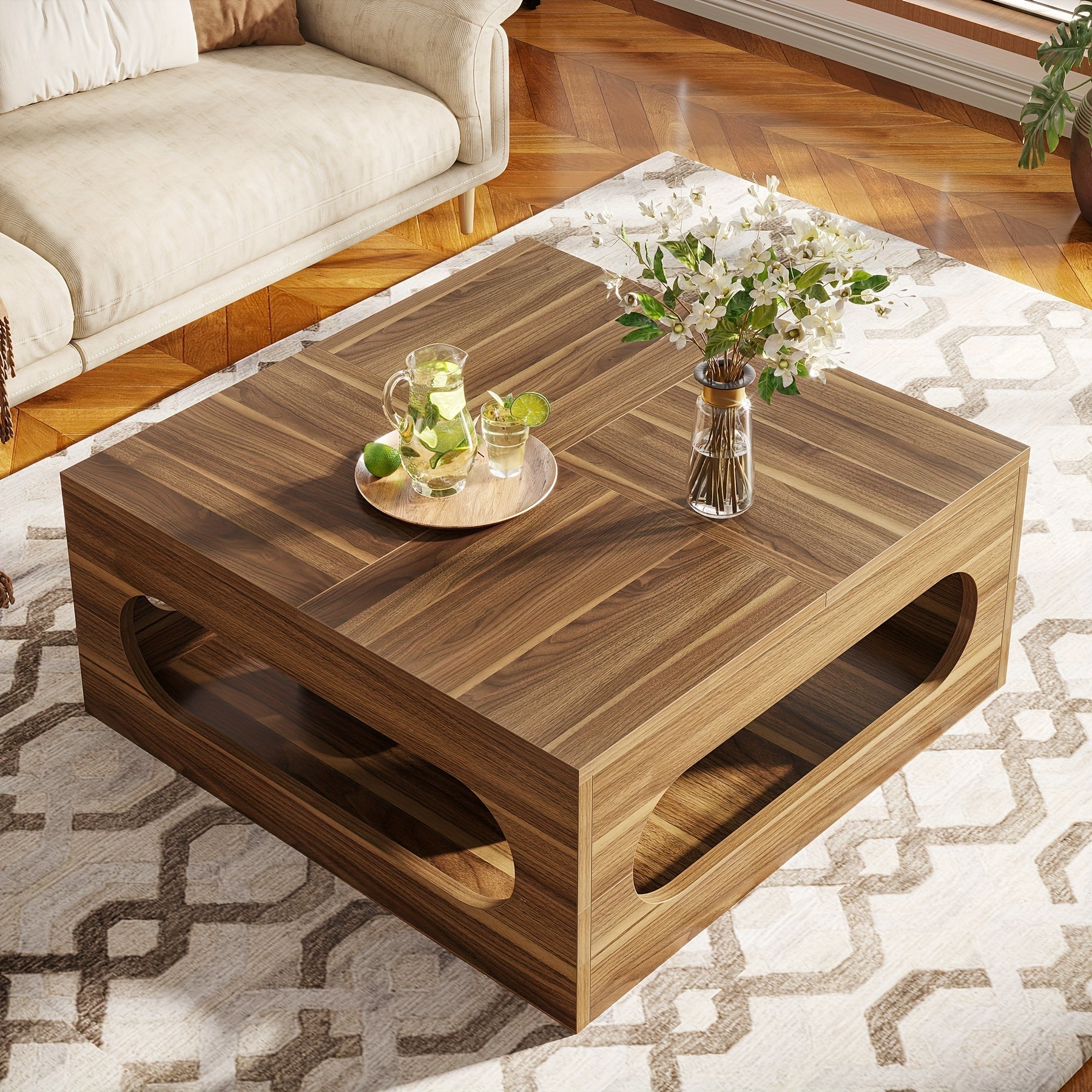 Square Wood Coffee Table For Living Room - Farmhouse Coffee Table With Storage - Modern Rustic Wooden Coffee Table Vintage Coffee Table