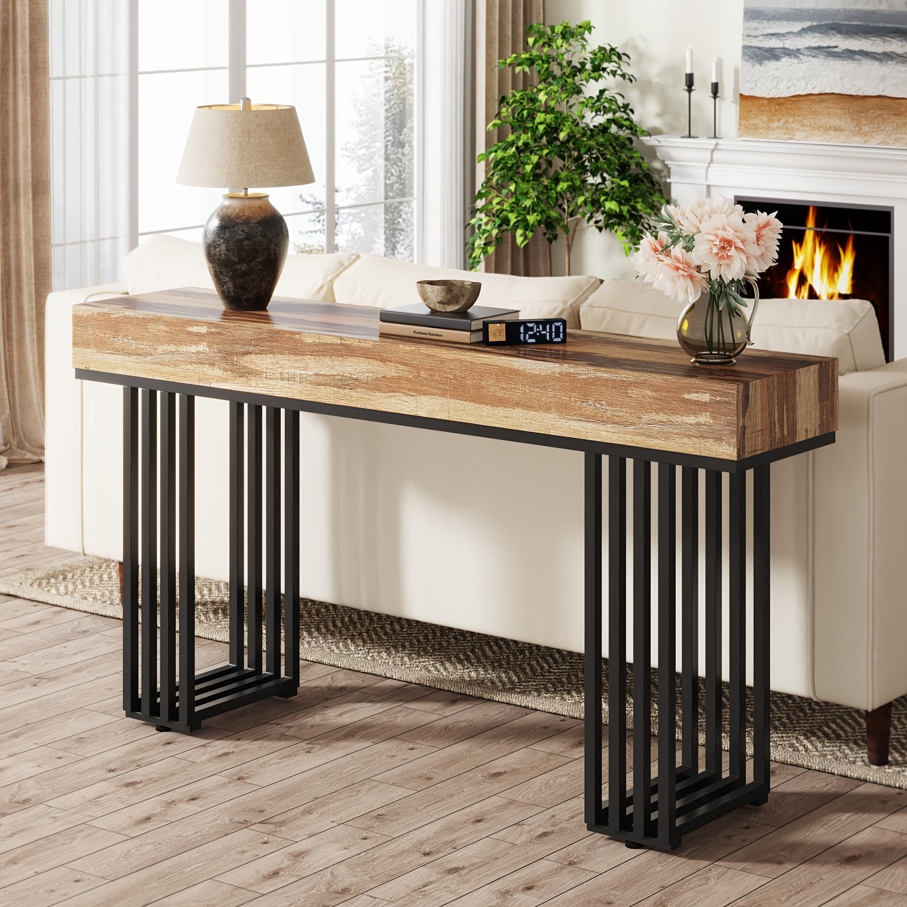 140 cm Industrial Console Table with Rustic Hardwood Top and Stylish Metal Frame - Space-Saving Design for Entryway, Living Room, or Hallway Decor, Adjustable Foot Pads for Stability