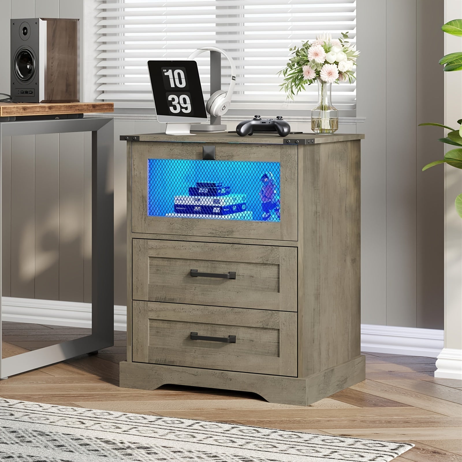 Nightstand With Charging Station, Farmhouse End Side Table With 2 Drawers And Open Compartments For Bedroom, Home Office, Gray