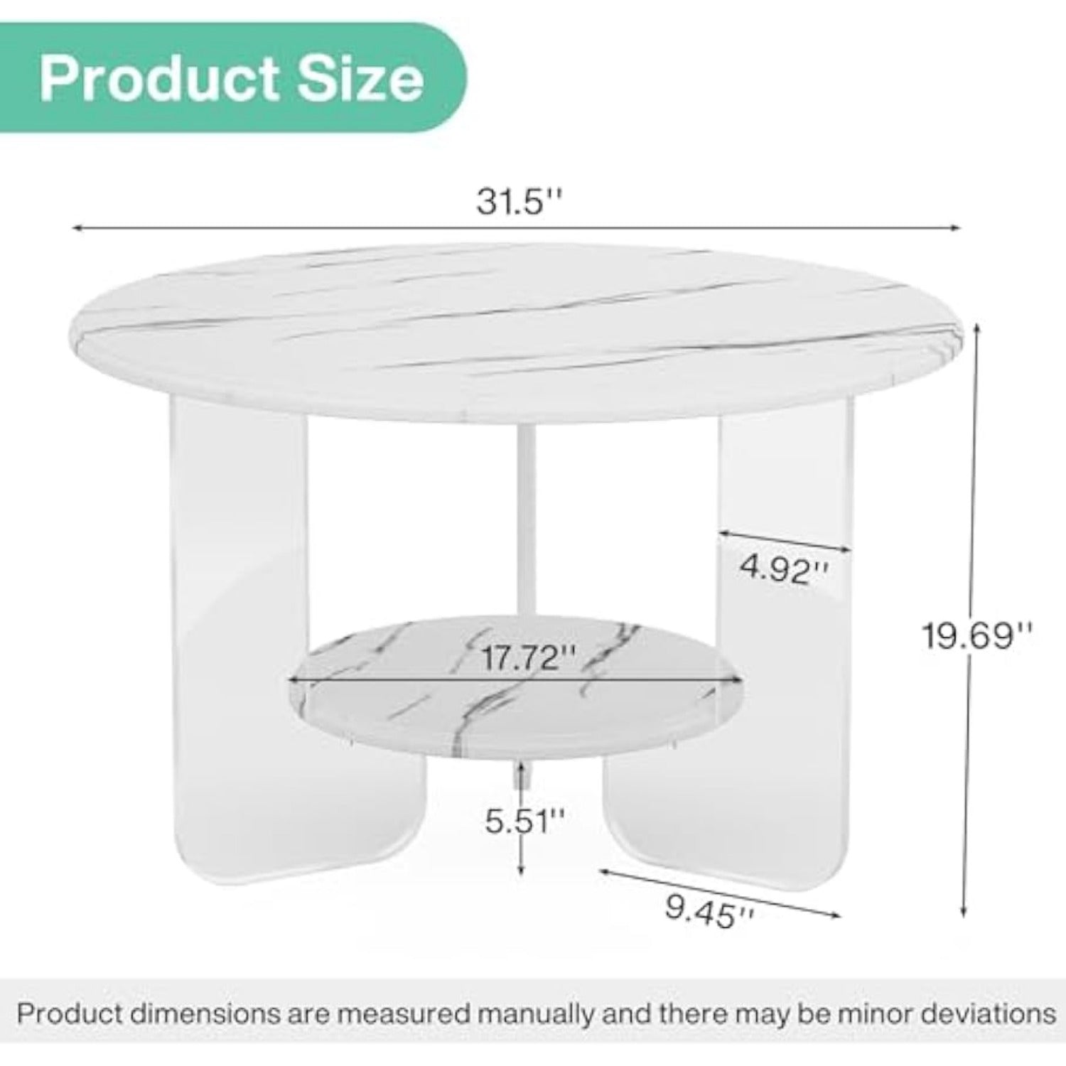 2-Tier Round Coffee Table with Acrylic Frame and High-Gloss Faux Marble White Top, 31.5" Modern Center Table with Storage, Circle Center Cocktail Table for Living Room, Reception Room