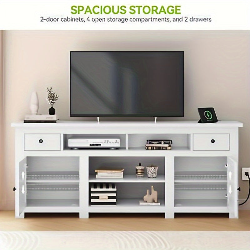 Modern Farmhouse TV Console with Storage Cabinets and Drawers for 80- Inch TVs