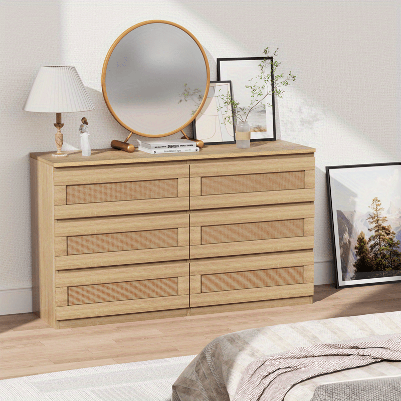 Rattan Dresser for Bedroom, Modern 6-Drawer Double Dresser with Anti-Tip Kit, Wood Storage Wide Chest of Drawers for Bedroom, Living Room, Hallway