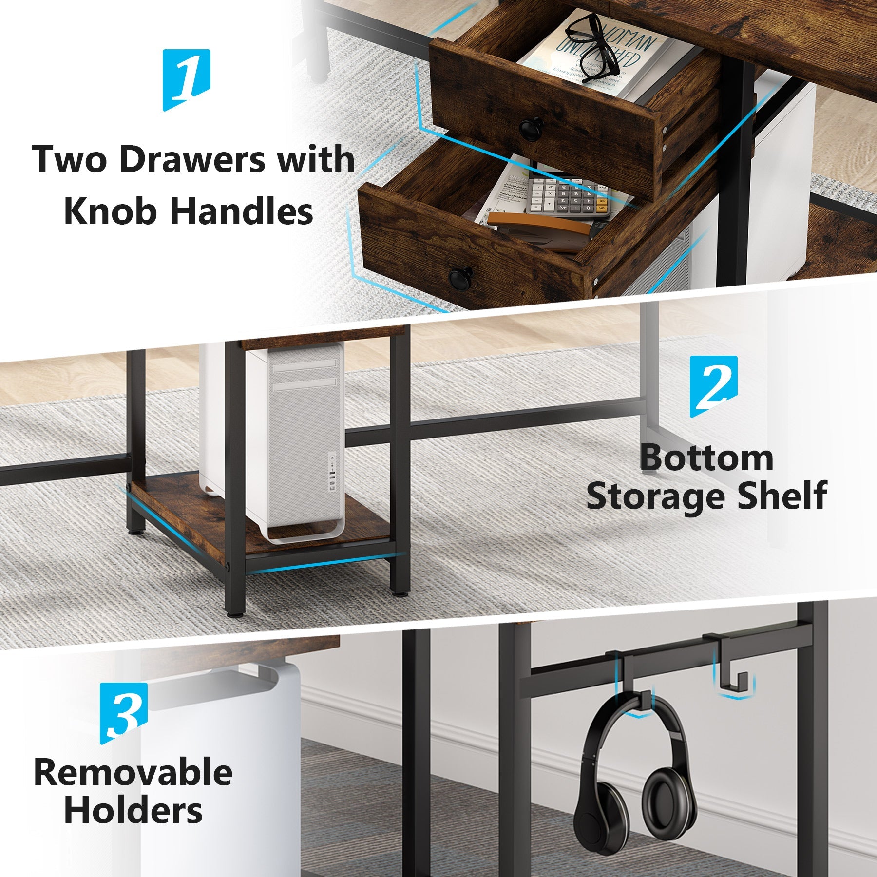 Industrial Two Person Desk, 198 cm Double Computer Desk with Drawers