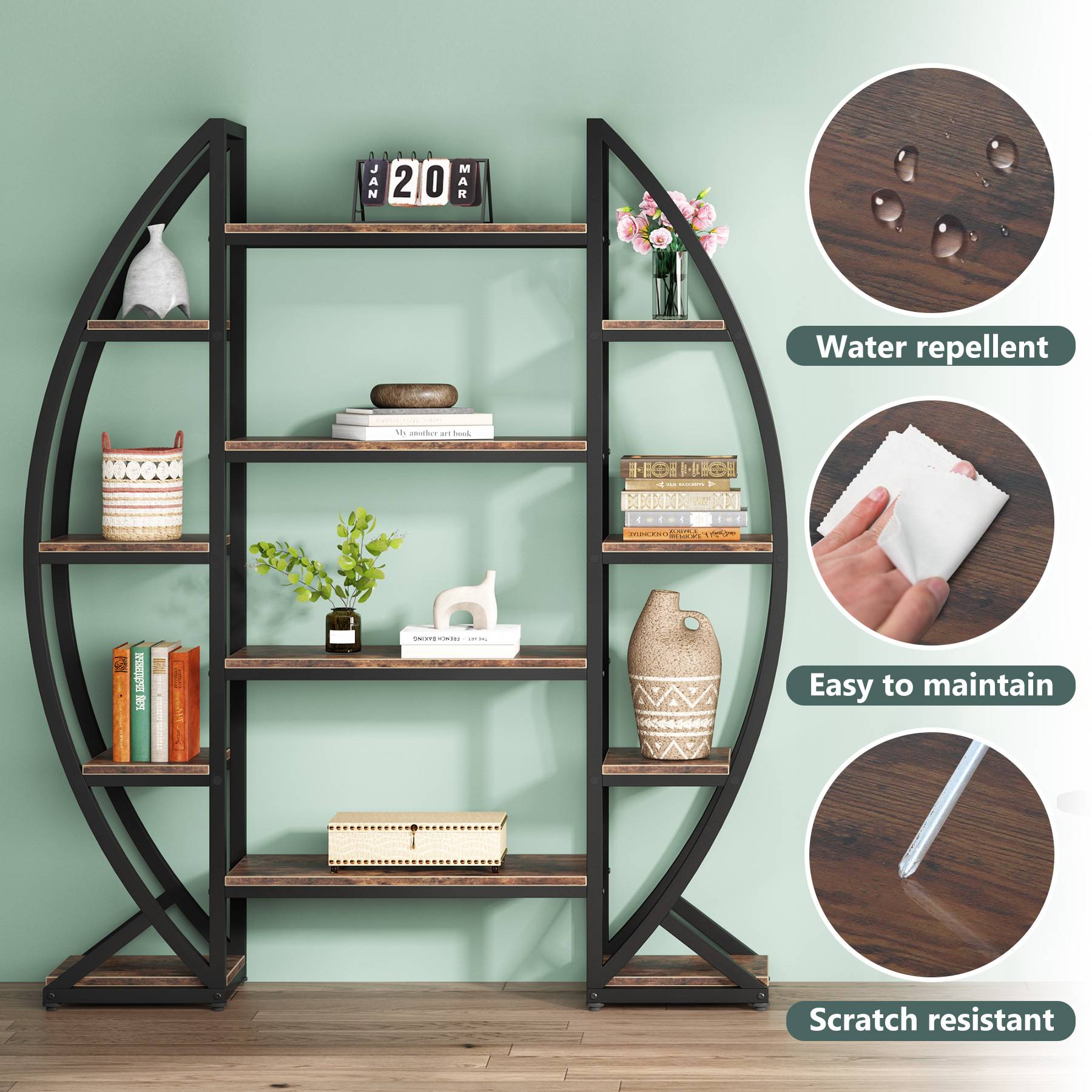 Industrial Bookshelf, Oval Triple Wide Etagere Bookcases Display Shelves (cm)