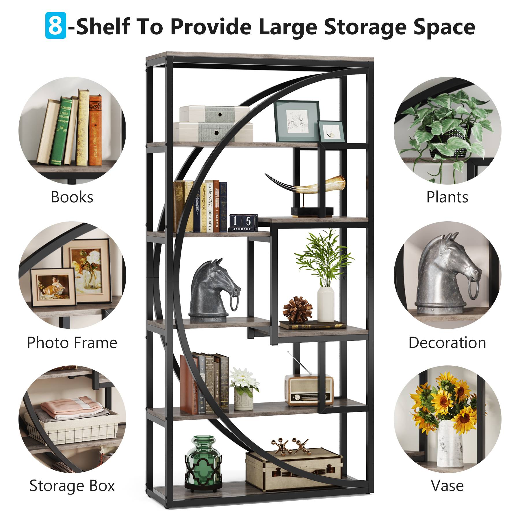 Industrial Bookshelf Bookcase with 20.3 cm Open Storage Shelves