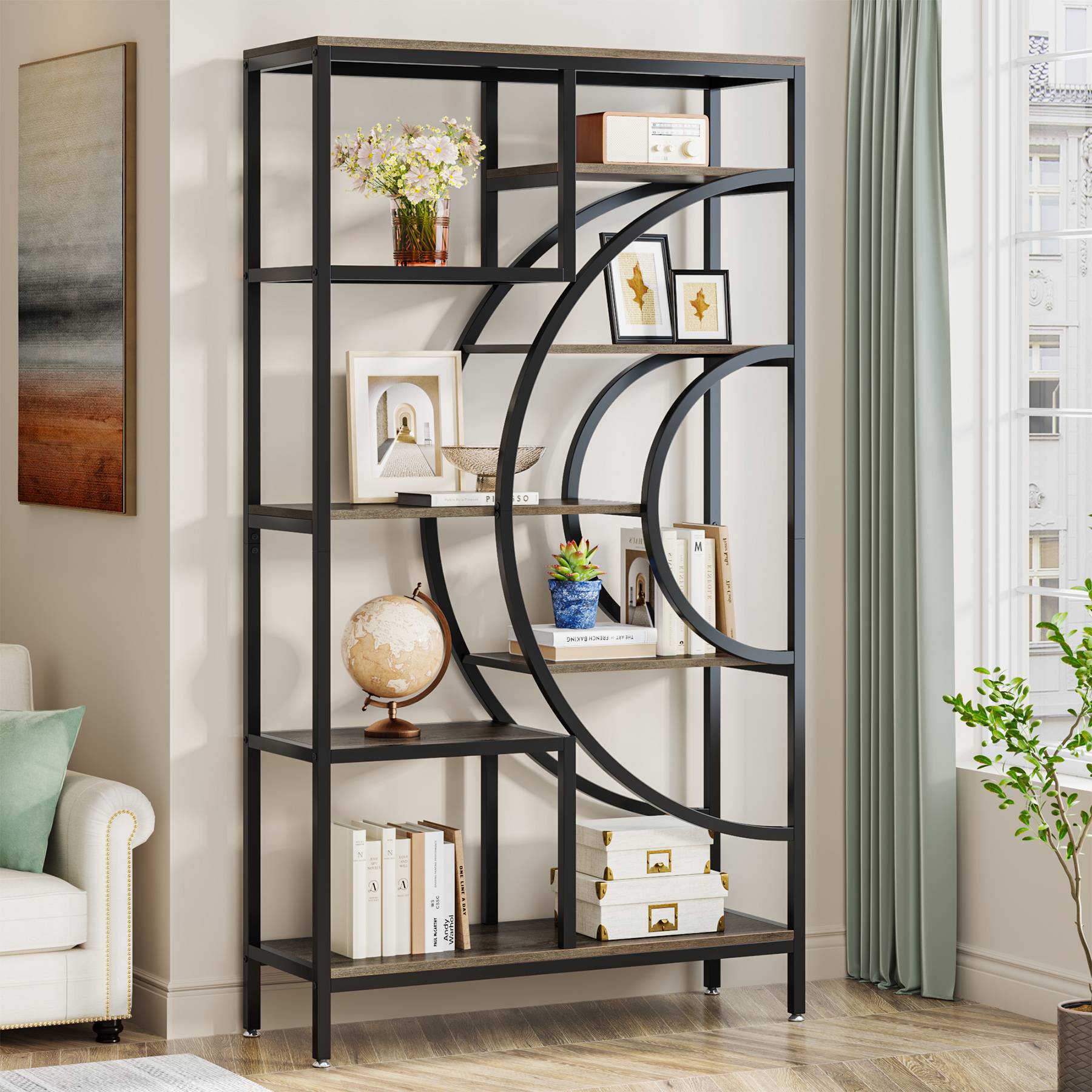 8-Tier Bookshelf, 180 cm Geometric Bookcase, Industrial Etagere Shelving Unit