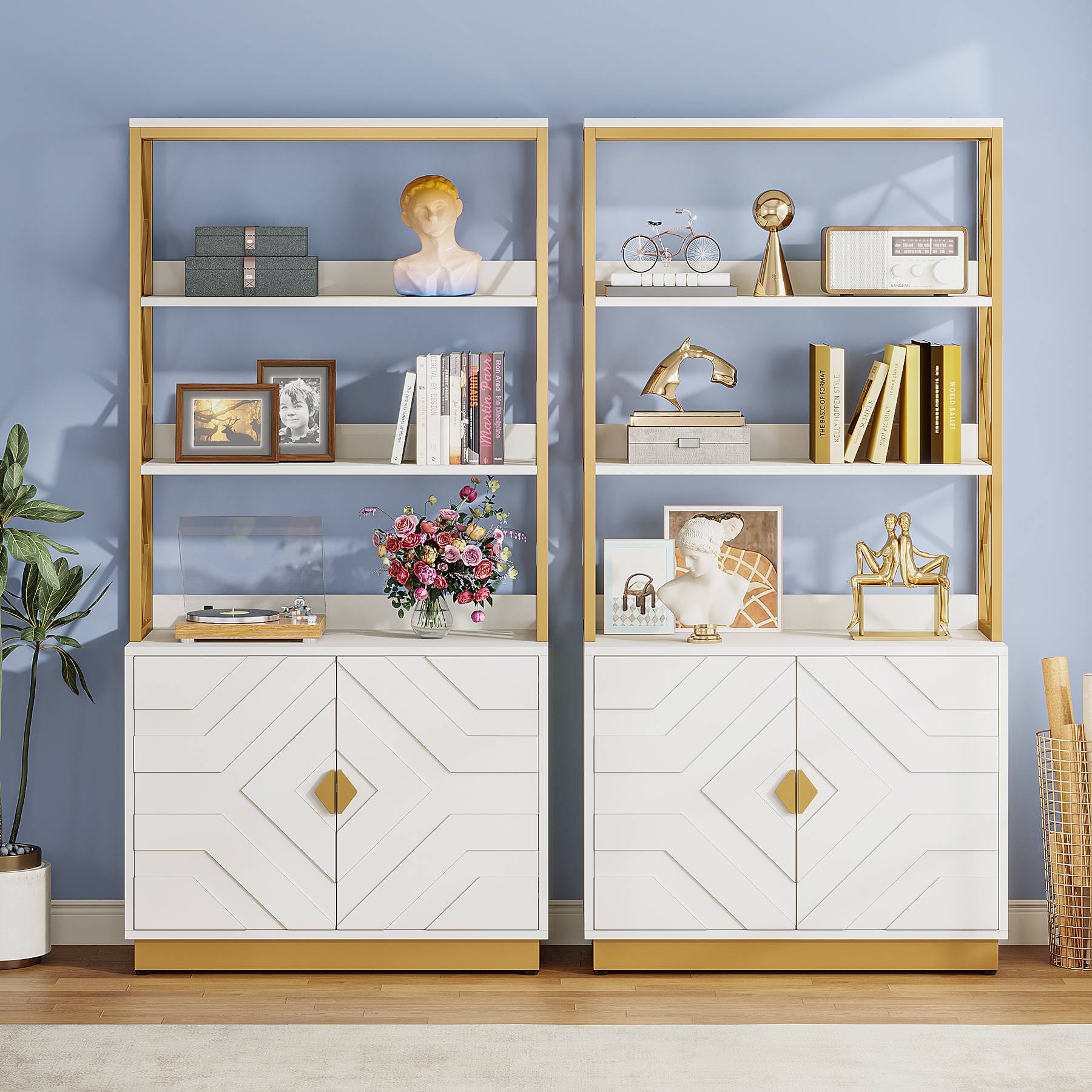 Bookshelf with Doors, 180 cm Modern Etagere Bookcase with 3 Shelves