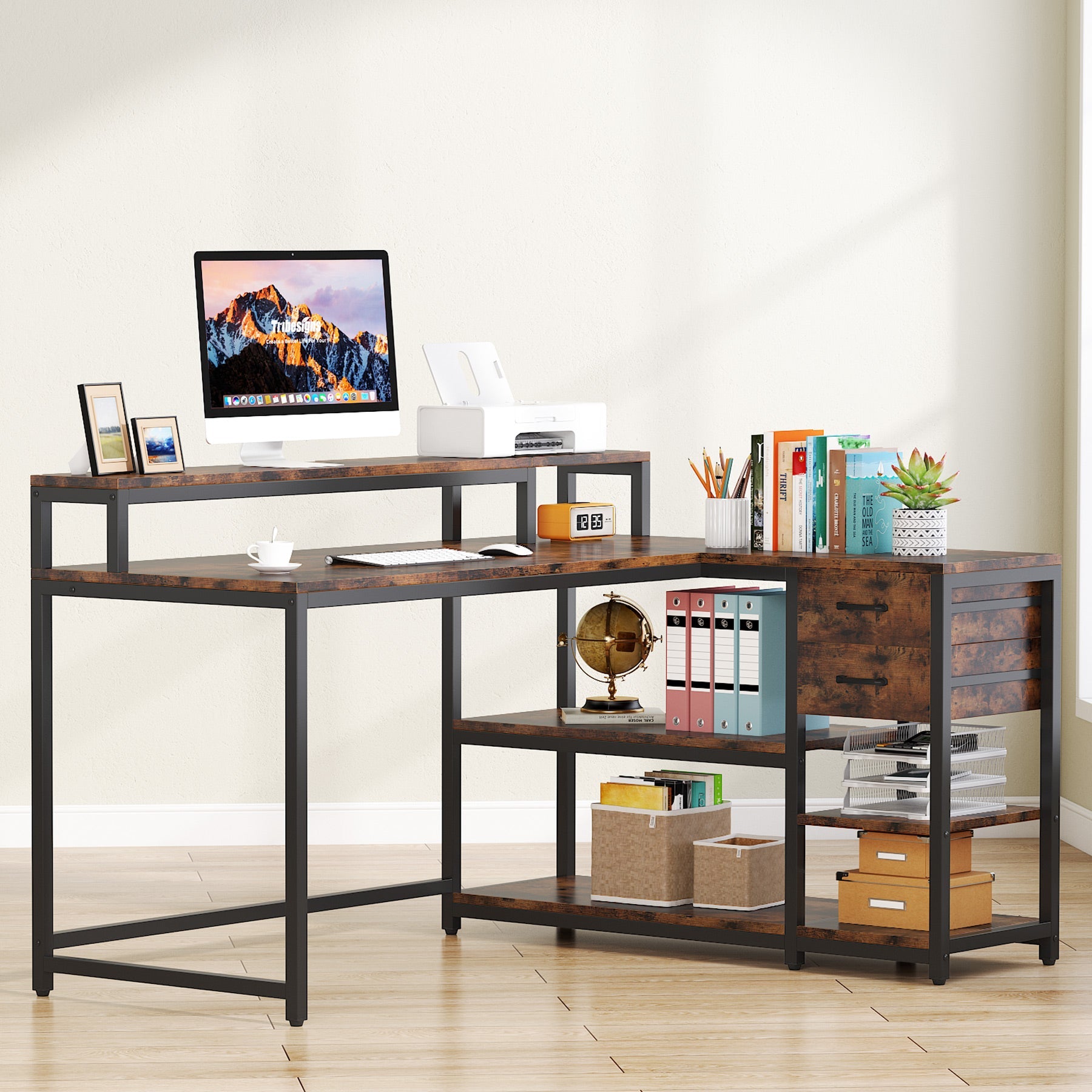 Reversible L-Shaped Desk, Industrial Corner Desk with Drawer & Shelves (Dimensions in cm)