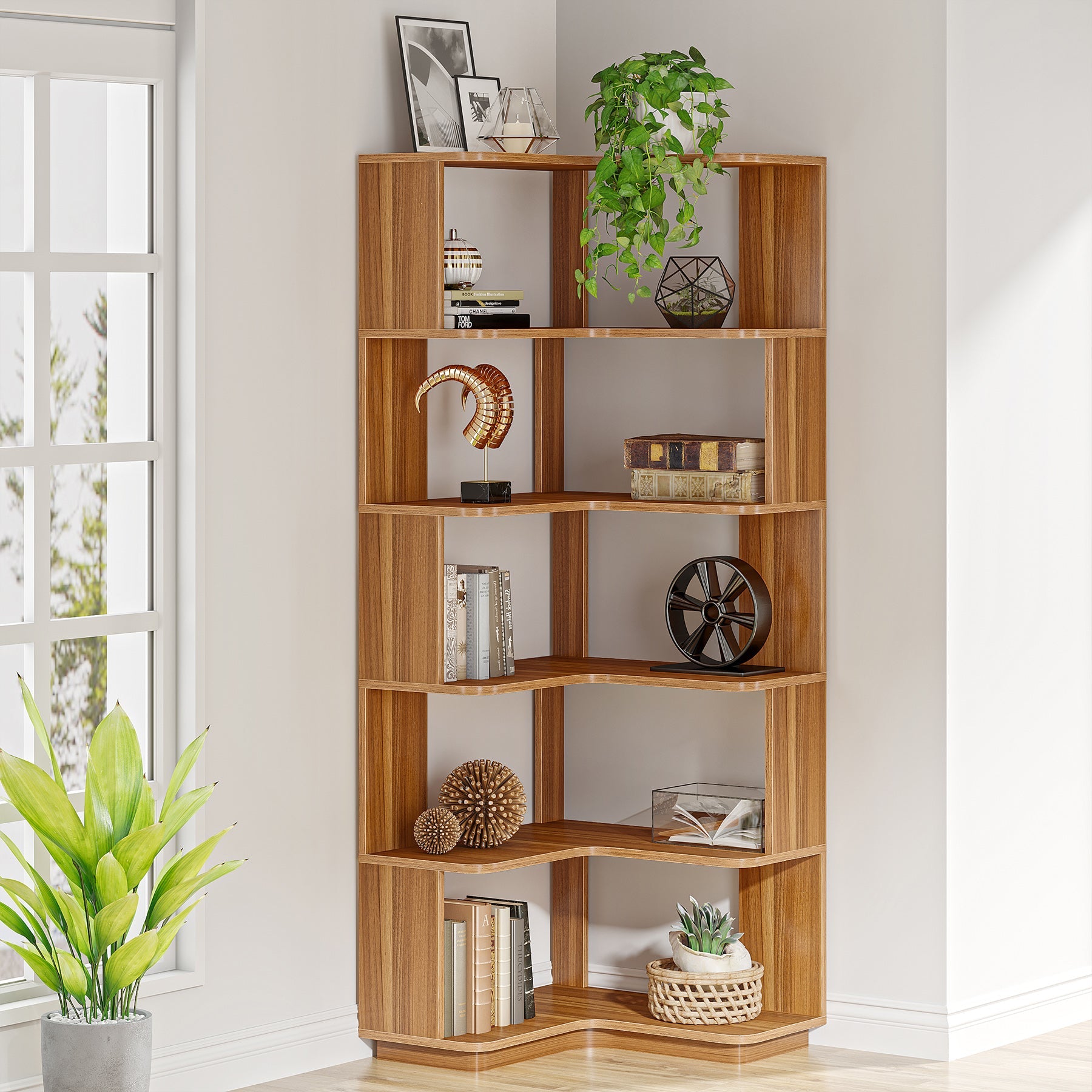 6-Tier Corner Bookshelf, 165.8 cm Corner Bookcase with Anti-Drop Panel