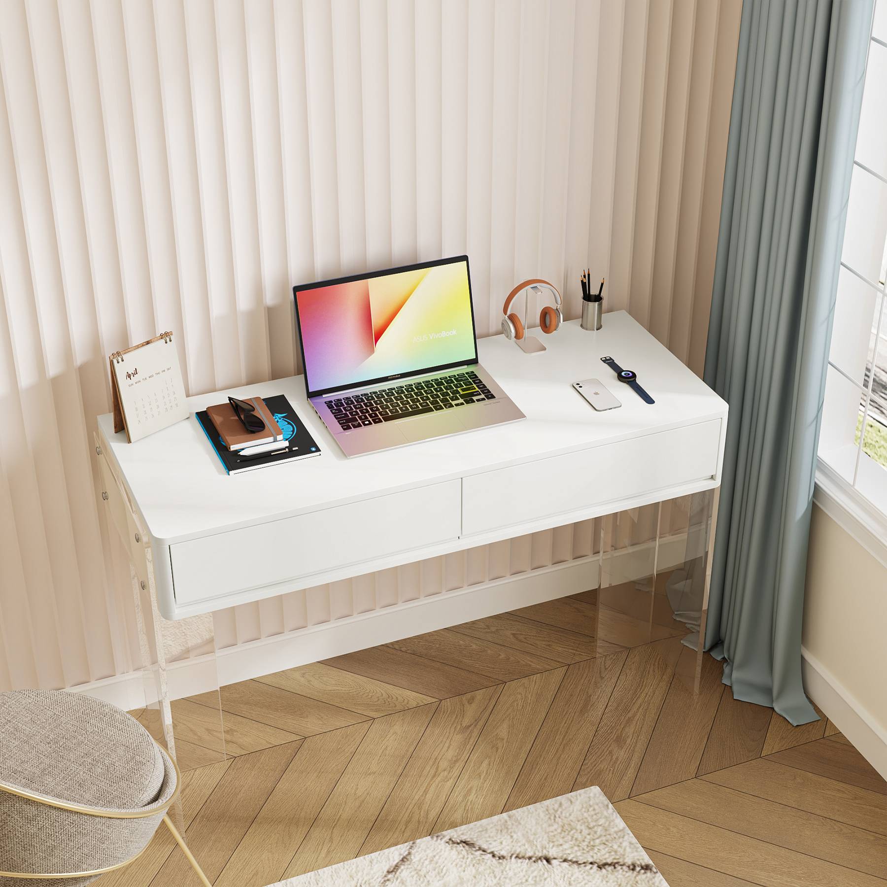 101.6 cm Computer Desk, Modern Writing Desk with 2 Drawers & Acrylic Legs