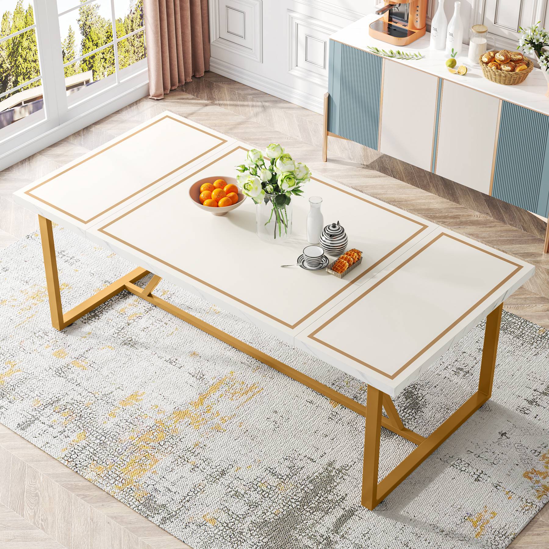 Modern Dining Table, 180 cm Rectangle Dinner Table for 6-8 People