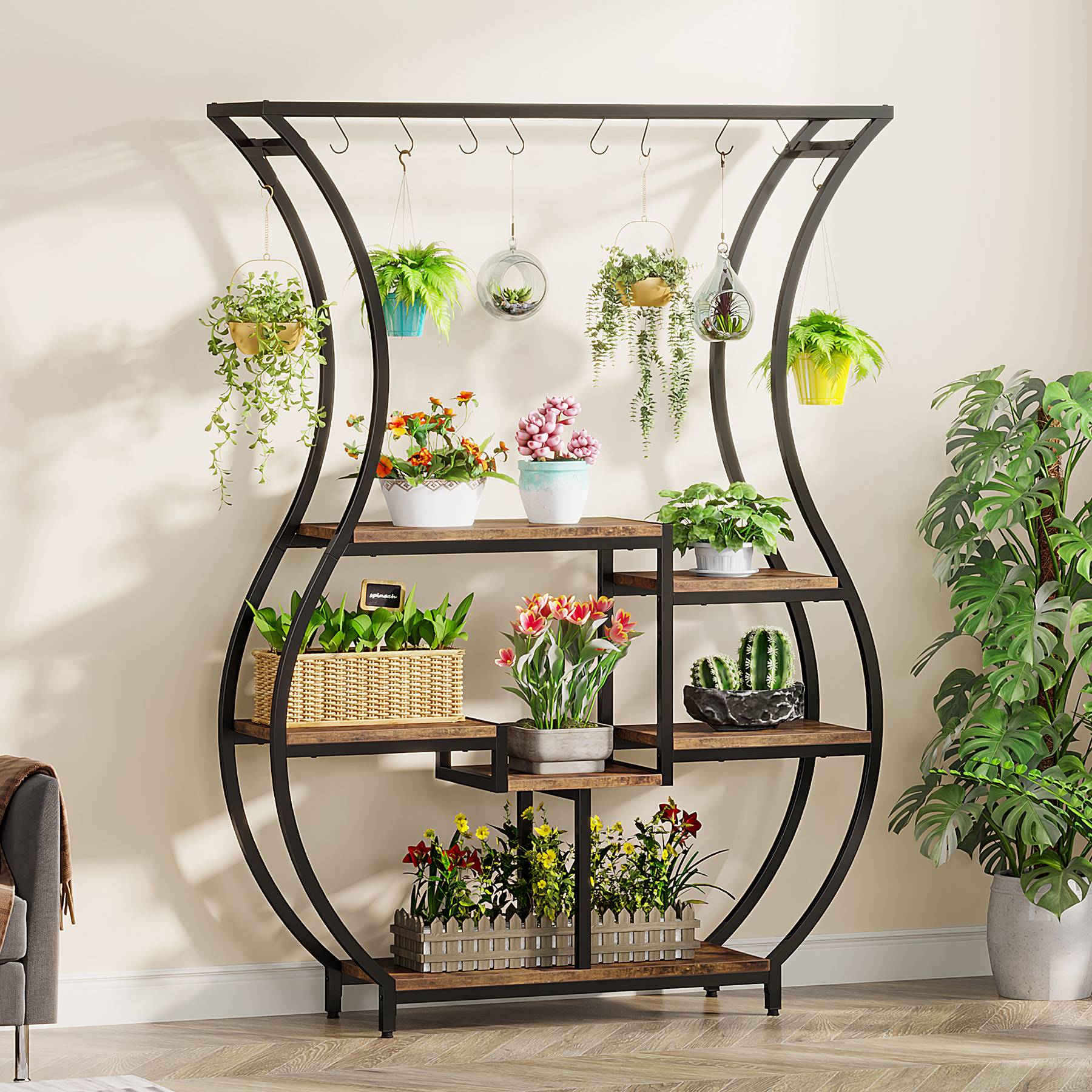 Vase-Shaped Plant Stand, 6-Tier Plant Display Rack with 10 Hanging Hooks (cm)