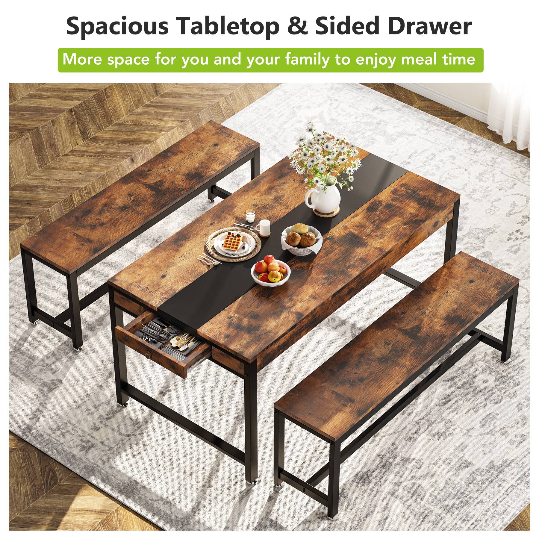 Dining Table Set, Kitchen Breakfast Table with 2 Benches & Side Drawer (cm)