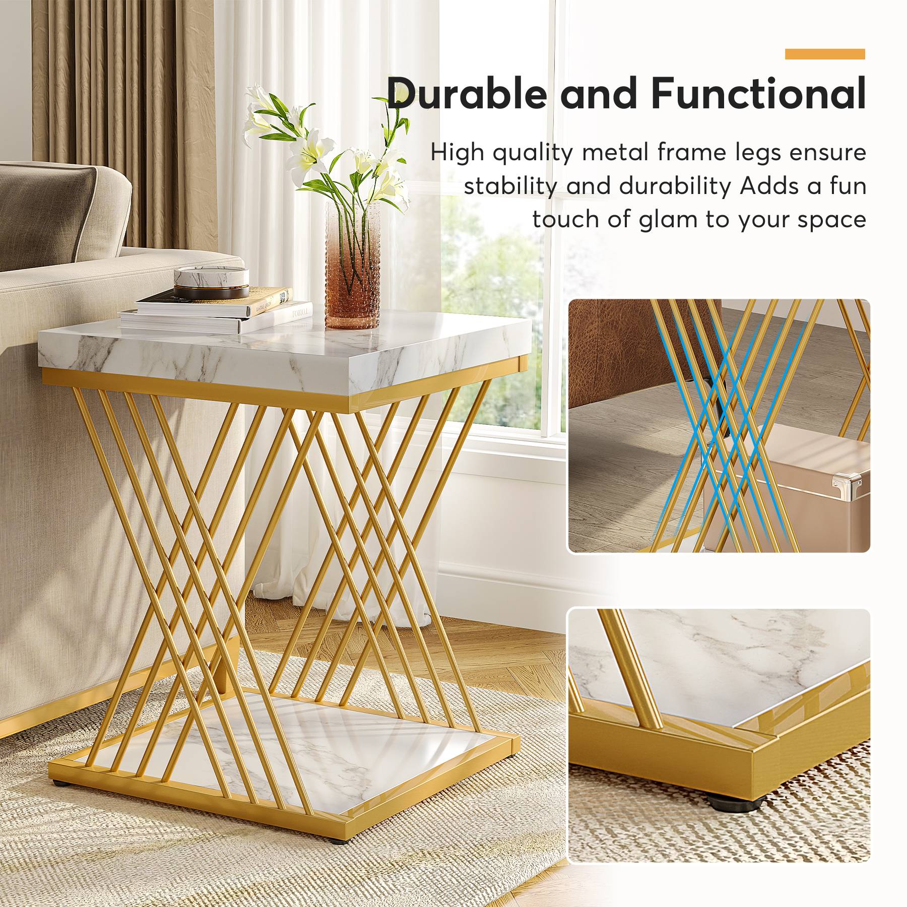 Square End Table, 2-Tier Side Table Modern Bedside Table