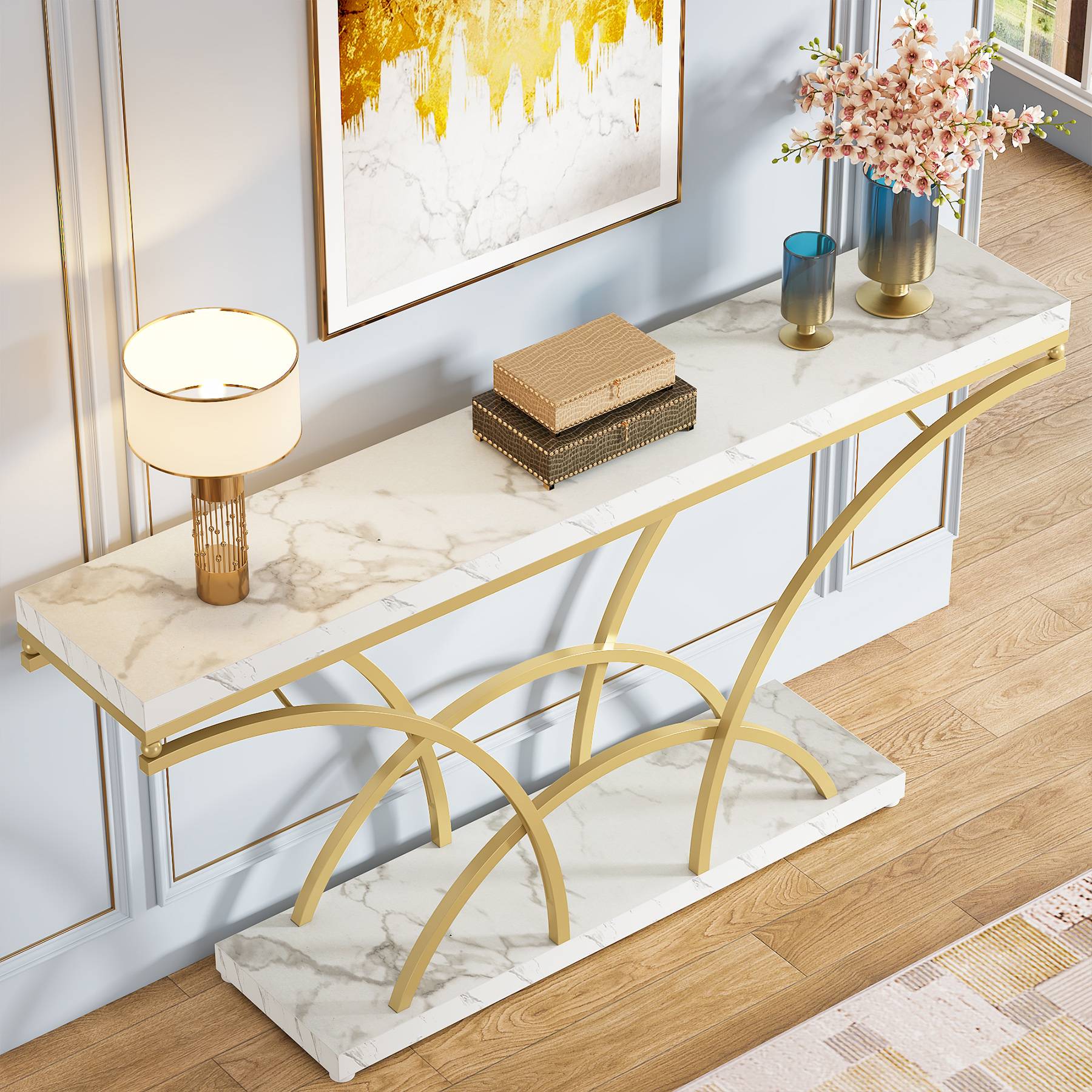 180 cm Console Table, Sofa Table with Faux Marble Tabletop for Entryway