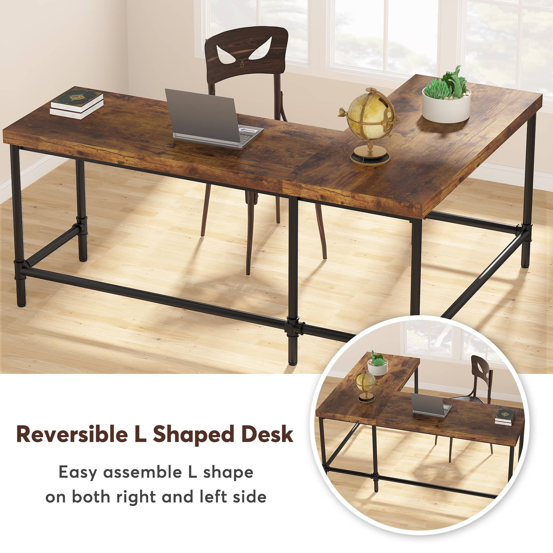 170 cm L-Shaped Desk, Industrial Reversible Computer Corner Desk