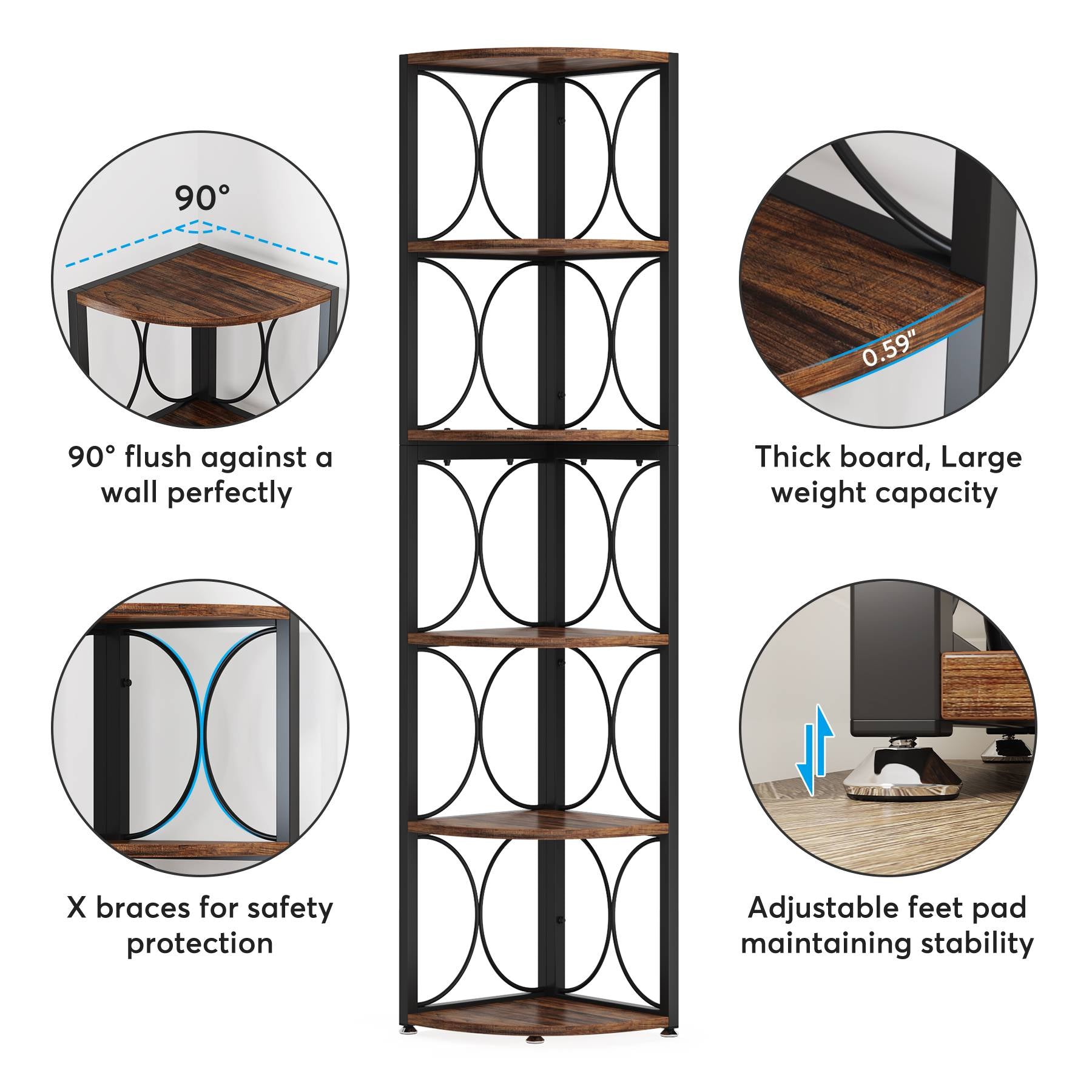 6-Tier Corner Shelf, 170 cm Corner Bookshelf Shelving Unit