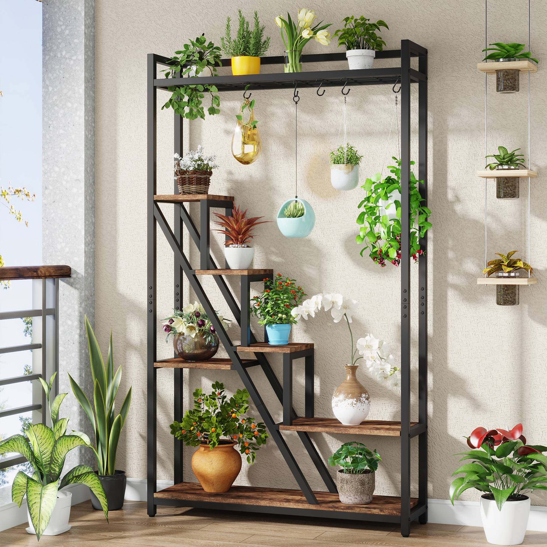 7-Tier Plant Stand, 180 cm Tall Flower Plant Shelf with 5 S-Hooks