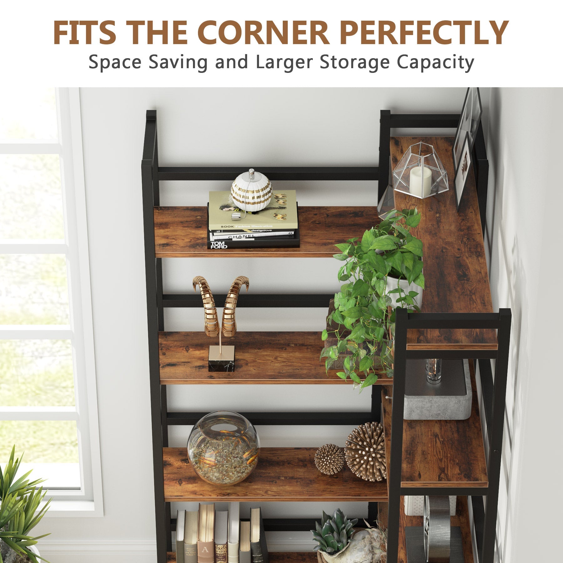 180 cm Corner Bookshelf, 8-Tier Industrial Bookcase Corner Display Rack