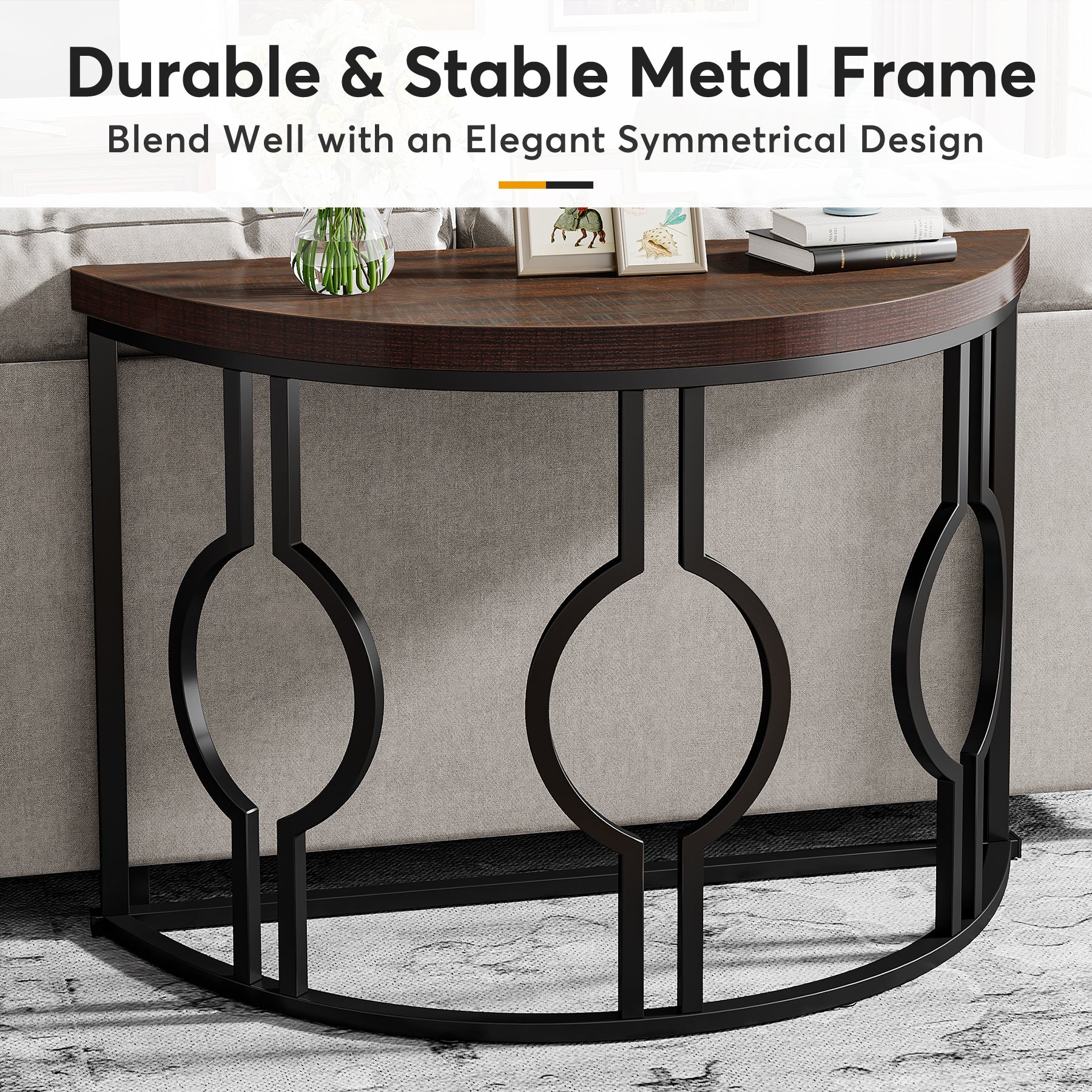 109 cm Industrial Console Table, Half Moon Shaped Accent Sofa Table